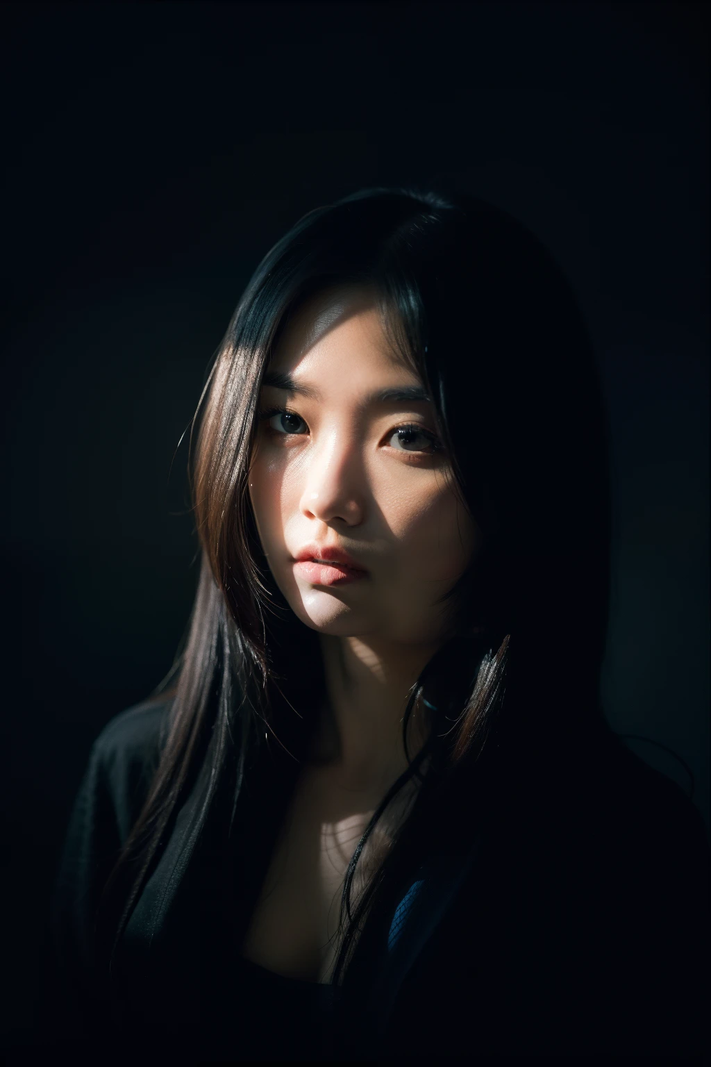 one-girl，deep dark background，hard light