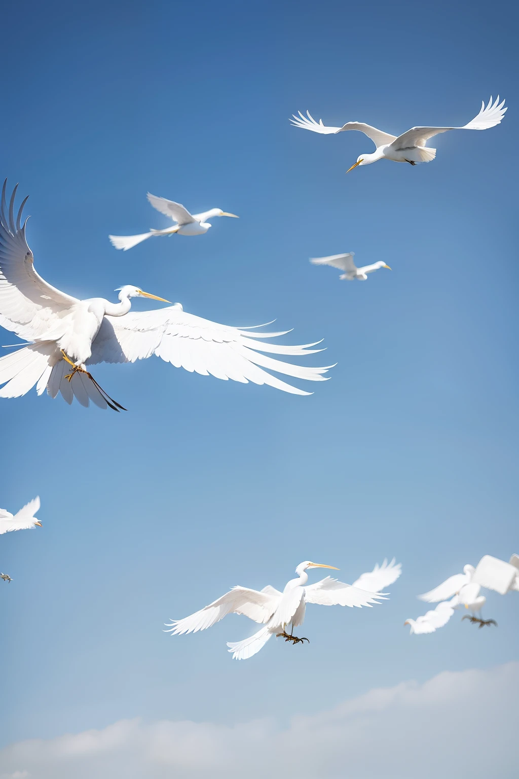 A line of egrets on the blue sky。
