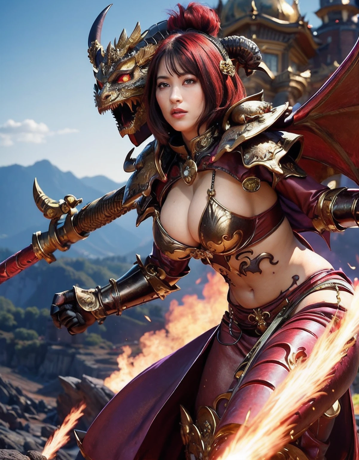 Professional , ​masterpiece、top-quality、photos realistic , depth of fields 、（Dragon Red Metal Body:1.９),(Enamel purple、（cleavage of the breast）、Mystical expression、Dragon Gold Weapon、（Red Micro Bikini Armor:1.４),Gorgeous gold weapons ,Particles of light、（（ Dragon's dense and gorgeous sword）） , （demonic wings）、（（a blond））、（Castle background）、（（Gangle's forest background））、（（Fight dragons））、Beautiful Caucasian beauty、１a person、dynamic ungle,(((Detailed and ornate dragon helmet)))、Smaller head、A smile、Castle background、Thin and beautiful female hands、cleavage of the breast、Soldier in iron armor on background、Mystical expression、Light Effects、intense fighting、Wind-effect、magic circles、With the legendary magic wand、Dragon's tail、explosions、Anatomically correct body、