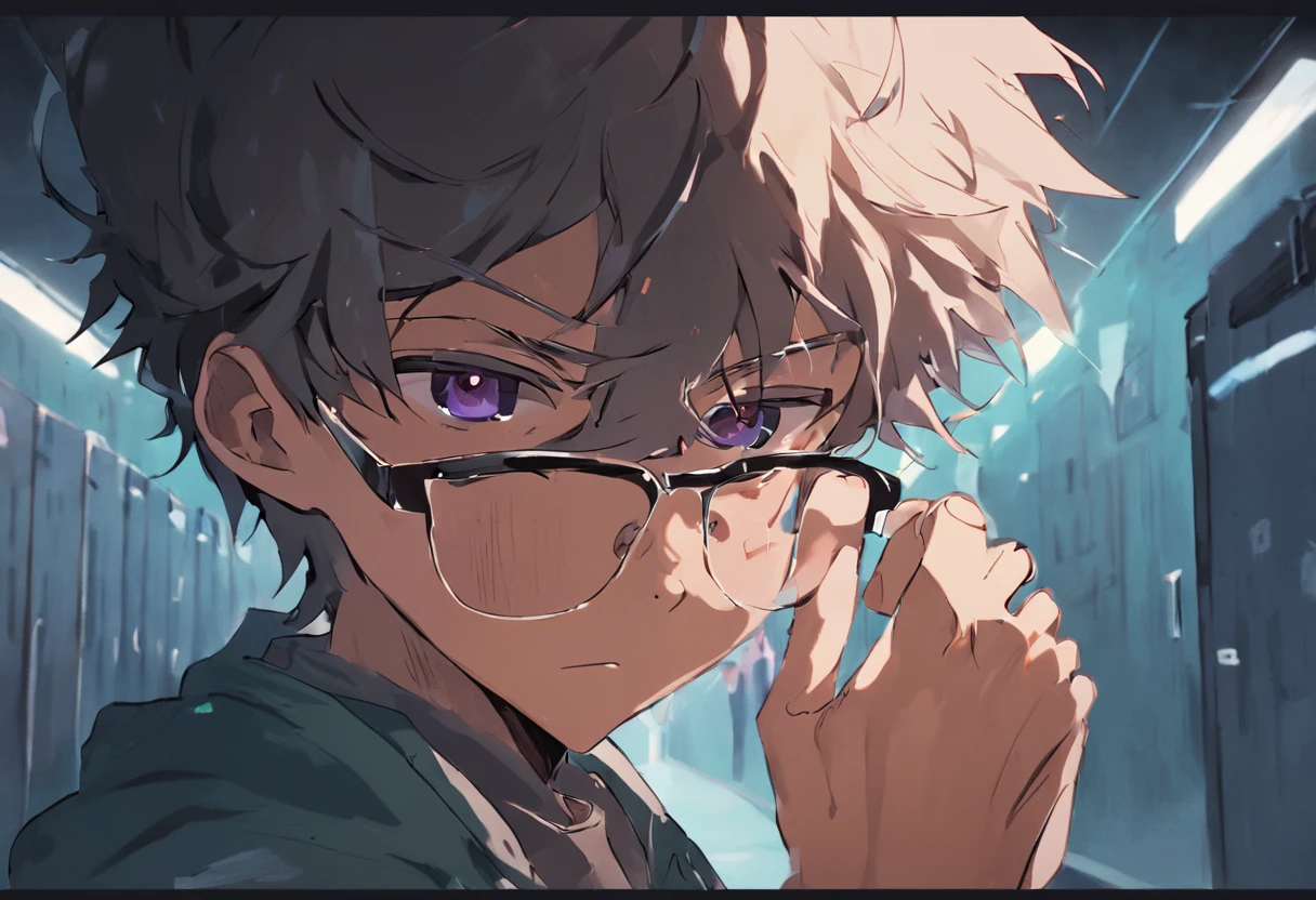 generate an image of a teenager boy pushing his eyeglass close to his eyes with his hand, in a school corridor, 4k, illustration.