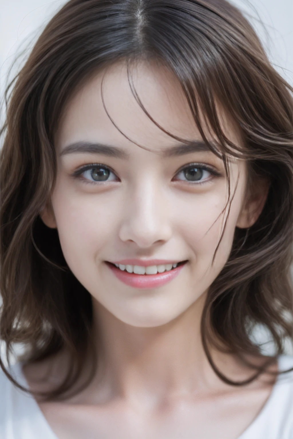 (realistic, photo-realistic:1.37),(8k, RAW photo, best quality, masterpiece:1.2), cute, ultra-detailed,heart-shaped pupils,physically-based rendering, ultra high res, kodakvision color, shot on Arricam LT Camera, bokeh, sharp focus,
looking at viewer,photorealistic,realistic, solo, photorealistic, best quality,extremely detailed face,extremely detailed eyes and face, beautiful detailed eyes,absurdres, incredibly absurdres,haunting smile,Messy hair, floating hair, ,