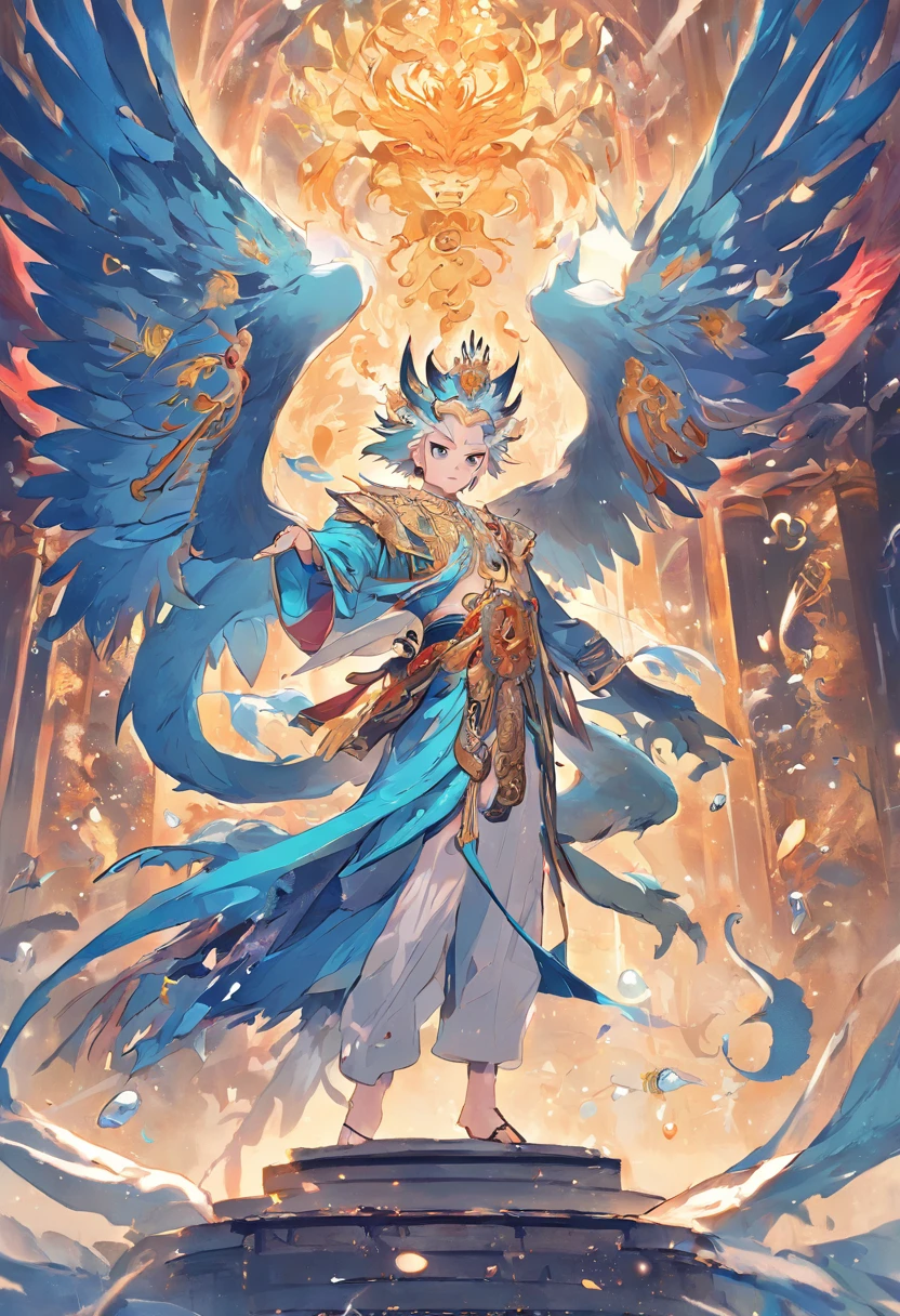 1. Chinese mythology, Blue divine bird, Majestic, Powerful, (Ancient deities:1.3), ,Blue feathers,spreading wings (Beard and mustache:0.8), (Whiskers:0.9), (Huge size:1.5), scales, Vibrant colors, Shimmering water, (the reef:1.1), (Golden crown:1.2), (Dragon-shaped throne:1.4), (Flowing robes:1.1), (Dragon-shaped beard ornaments:1.3), (Emerald eyes:1.2), (pearls necklace:1.2), (Golden Trident:1.4), (levitating:1.1), (Sky clouds:1.3), (shimmering dazzling lighting:1.2), (Crashing waves:1.3), (A palace full of treasures:1.5), (Schools of colorful fish:1.2), (an underwater city:1.4), magnifica, Mythical, Magnificent, Extensive and detailed, standing apart, Traditional Chinese architecture.
