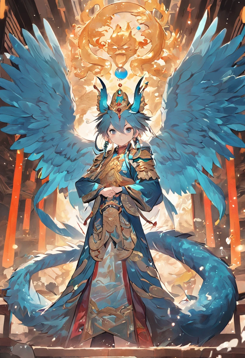 1. Chinese mythology, Blue divine bird, Majestic, Powerful, (Ancient deities:1.3), ,Blue feathers,spreading wings (Beard and mustache:0.8), (Whiskers:0.9), (Huge size:1.5), scales, Vibrant colors, Shimmering water, (the reef:1.1), (Golden crown:1.2), (Dragon-shaped throne:1.4), (Flowing robes:1.1), (Dragon-shaped beard ornaments:1.3), (Emerald eyes:1.2), (pearls necklace:1.2), (Golden Trident:1.4), (levitating:1.1), (Sky clouds:1.3), (shimmering dazzling lighting:1.2), (Crashing waves:1.3), (A palace full of treasures:1.5), (Schools of colorful fish:1.2), (an underwater city:1.4), magnifica, Mythical, Magnificent, Extensive and detailed, standing apart, Traditional Chinese architecture.