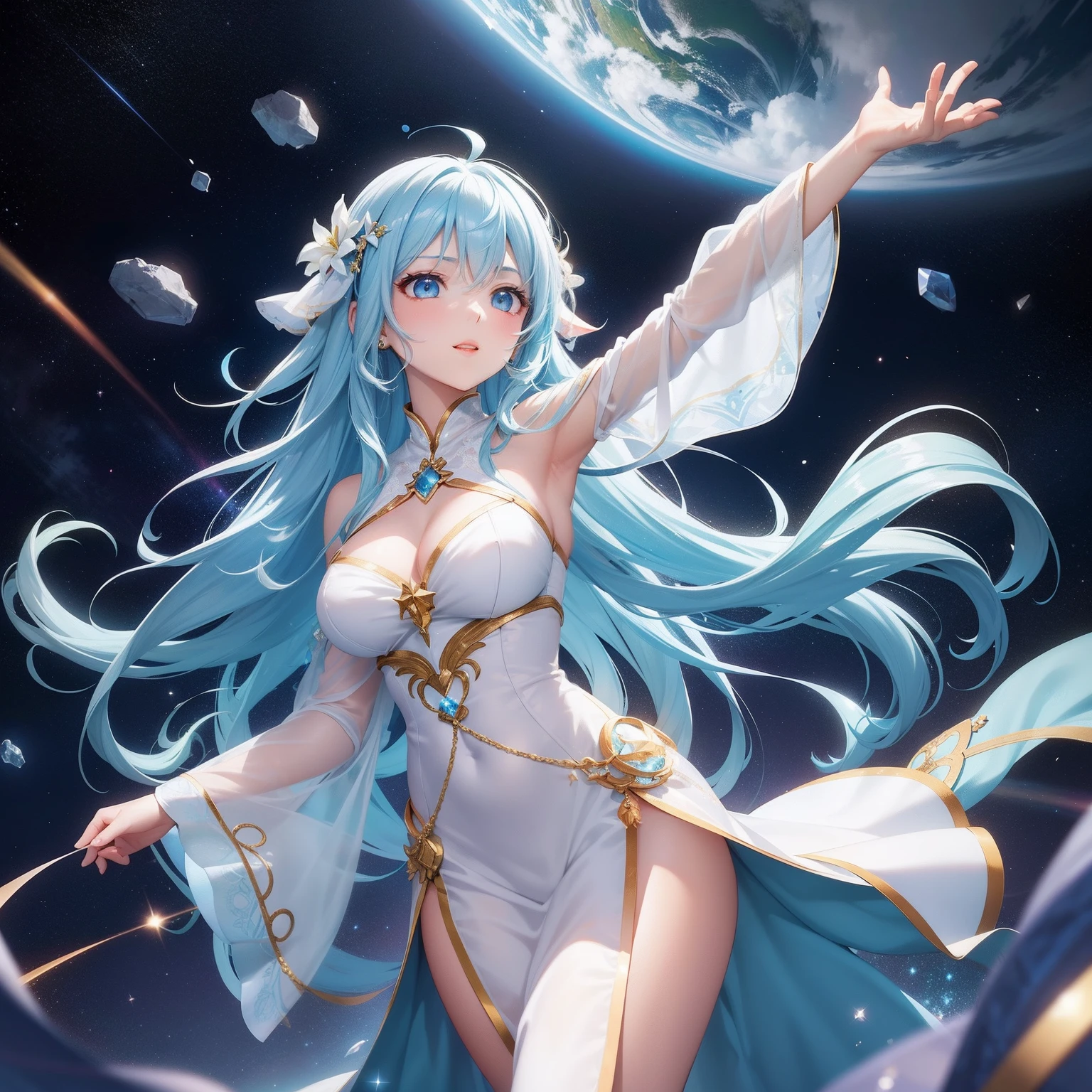 In the middle of the universe, The goddess is sailing in space in all its splendor. With her energy she lights her way, Her beauty brightens everything around her even brighter. Stars, All the beauty of the galaxy and the universe is around her. She wears beautiful white and blue fabric with incredible embroidery, Her endless sky blue hair seems to fly behind her. The light of the crystal is shining。Fantasia