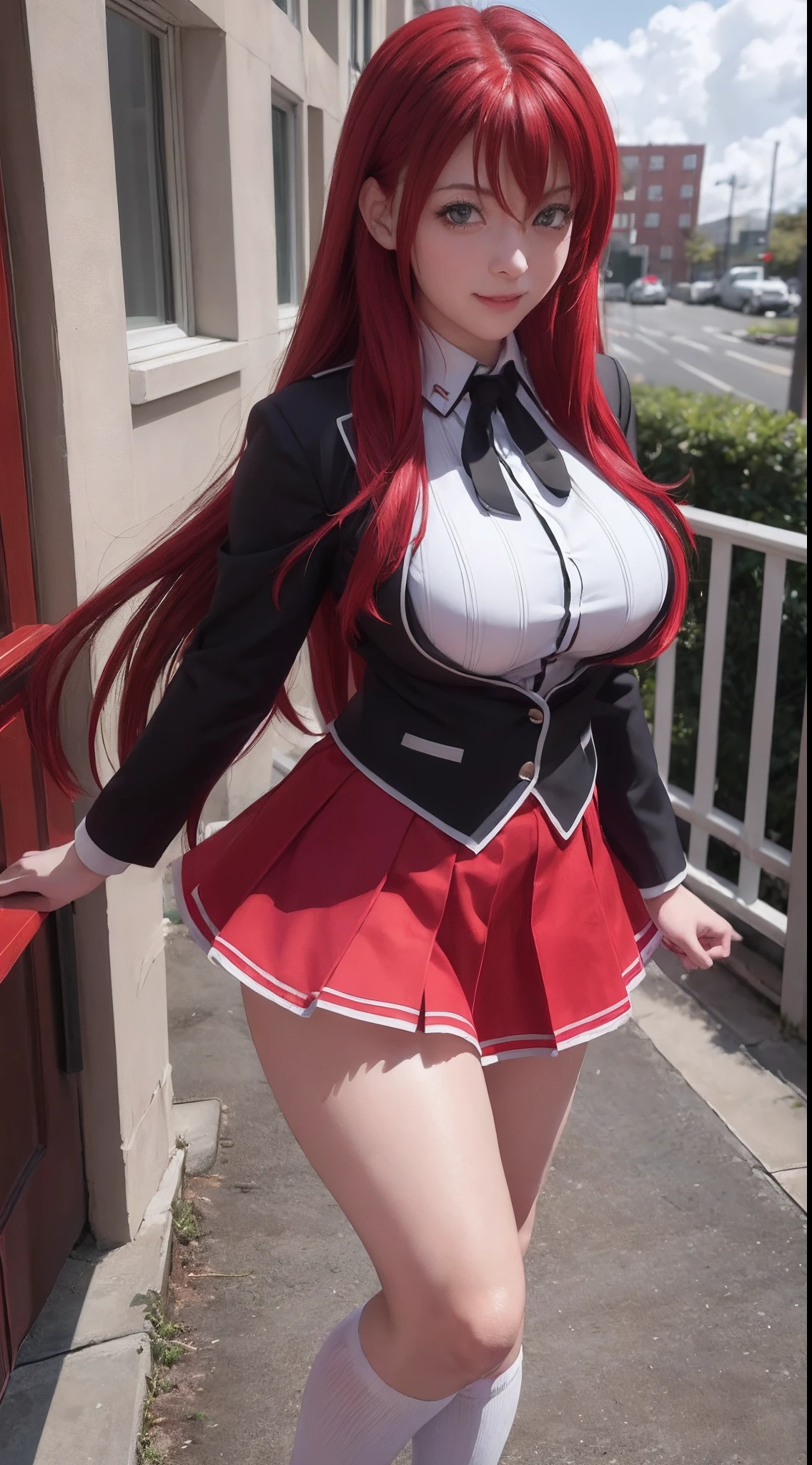 (((picture perfect))), (absurdres), 1girl, solo, rias gremory, school uniform, red skirt, looking at viewer, smile, (((upper body)))