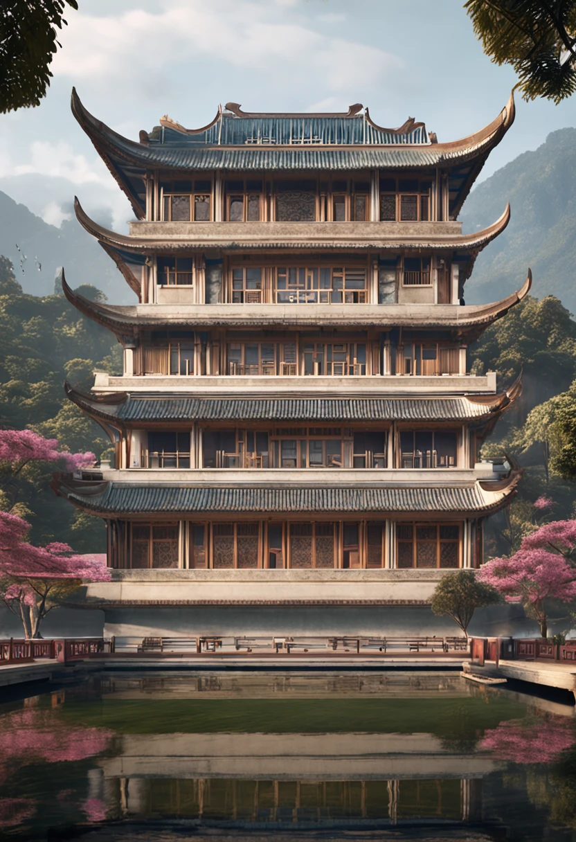 A classical decoration style of ancient Chinese style with a sense of futuristic technology,4-storey building,Set against the mountains,Facing the lake,Huge swimming pool,modern architectural style, hyperedetailed photo,buliding,iintricate,shadowing, HighDynamicRange,Dynamic lighting, Fotorrealista, Natural soft light, Low H, tmasterpiece, Detailed 8K,Lots of detail,Oversized floor-to-ceiling glass,The combination of technology and the natural environment,Has a cool look,。The colors are saturated and vibrant,Warm blues and purples dominate the skyline。The overall effect is both beautiful and awe-inspiring,Visionary(wide wide shot)、超高分辨率(realness:1.4)、hyper qualit、Extremely detailed Cg Unity 8K wallpaper、Aesthetics、award winning photography、真实感、high detal、Detail enhancement,Remove blur,iintricate、The art of travel。the visual stunning shock。Beautiful futuristic city,Beautiful city, Chinese dream place,, blue hour photography,Chinese Dreamland,Spectacular clouds,Fantasy clouds。perfect compositions,The best exhibition,the golden ratio) ,pastelcolor,dramatics,cinmatic lighting,Trend at Artstation,trend in CGSociety,huge detail,Ancient Chinese architectural style,Single building,Built on the hill