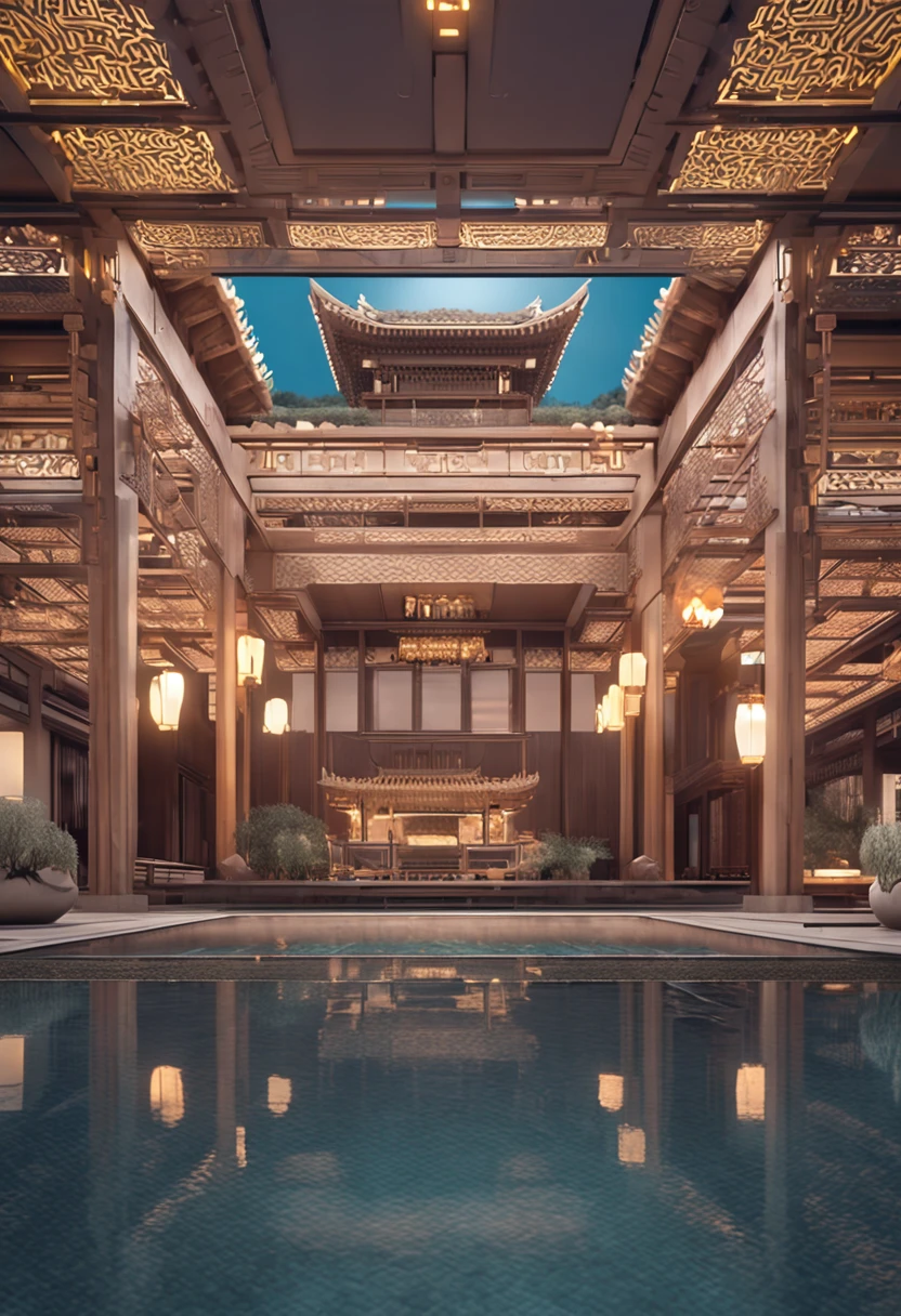 A classical decoration style of ancient Chinese style with a sense of futuristic technology,4-storey building,Set against the mountains,Facing the lake,Huge swimming pool,modern architectural style, hyperedetailed photo,buliding,iintricate,shadowing, HighDynamicRange,Dynamic lighting, Fotorrealista, Natural soft light, Low H, tmasterpiece, Detailed 8K,Lots of detail,Oversized floor-to-ceiling glass,The combination of technology and the natural environment,Has a cool look,。The colors are saturated and vibrant,Warm blues and purples dominate the skyline。The overall effect is both beautiful and awe-inspiring,Visionary(wide wide shot)、超高分辨率(realness:1.4)、hyper qualit、Extremely detailed Cg Unity 8K wallpaper、Aesthetics、award winning photography、真实感、high detal、Detail enhancement,Remove blur,iintricate、The art of travel。the visual stunning shock。Beautiful futuristic city,Beautiful city, Chinese dream place,, blue hour photography,Chinese Dreamland,Spectacular clouds,Fantasy clouds。perfect compositions,The best exhibition,the golden ratio) ,pastelcolor,dramatics,cinmatic lighting,Trend at Artstation,trend in CGSociety,huge detail,Ancient Chinese architectural style,Single building,Built on the hill