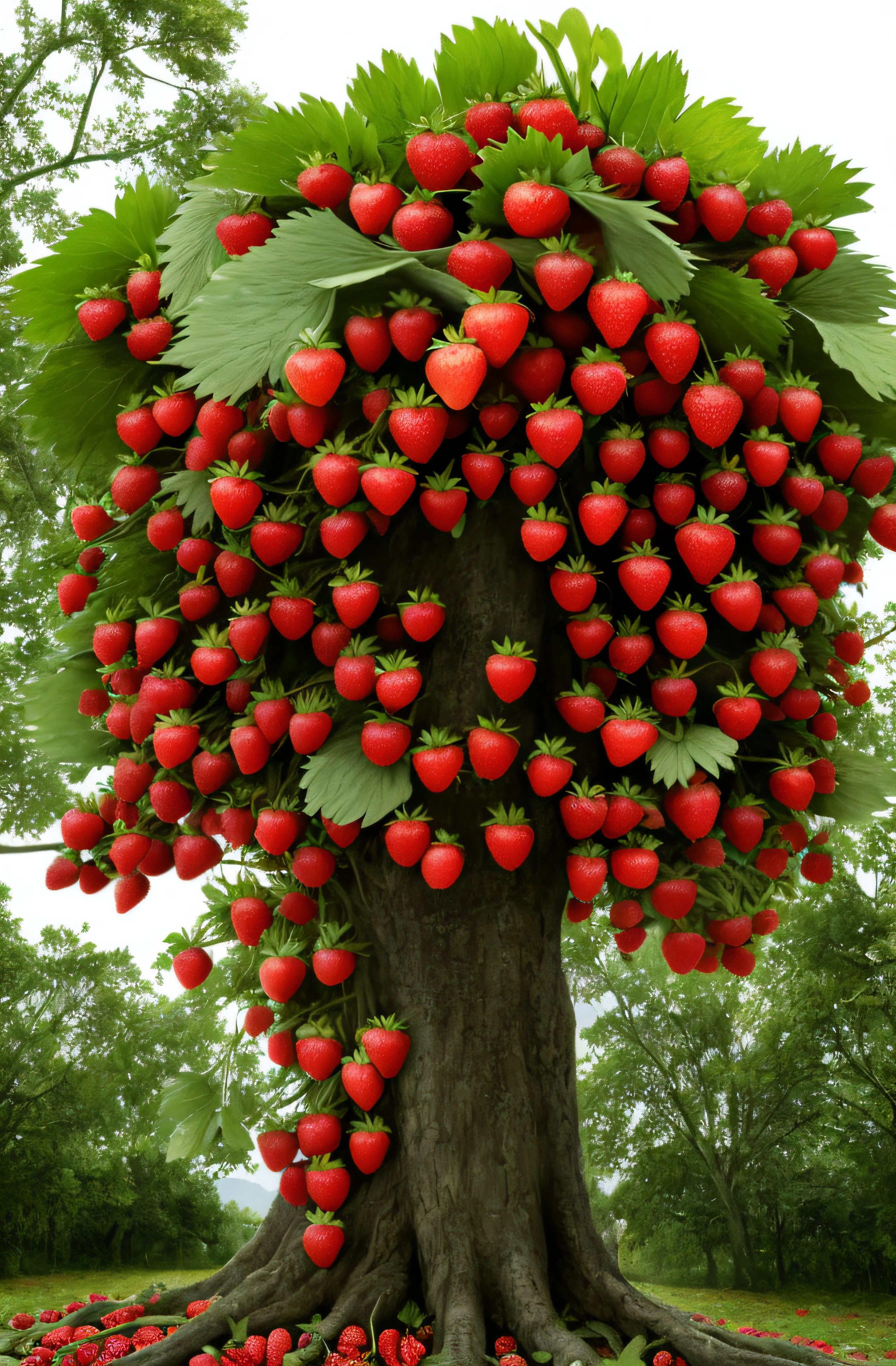 A large cluster of strawberries hangs from the tree, morango, berries inside structure, berries dripping, squashed berries dripping, Outstanding detail, berries, fight with strawberries, Strawberry, “berries, fruit trees, strawberry fields forever, Masterpiece works of art, raspberry, squashed berries, Clear detail, Fruit, author:Robert Brackman, mind-blowing detail