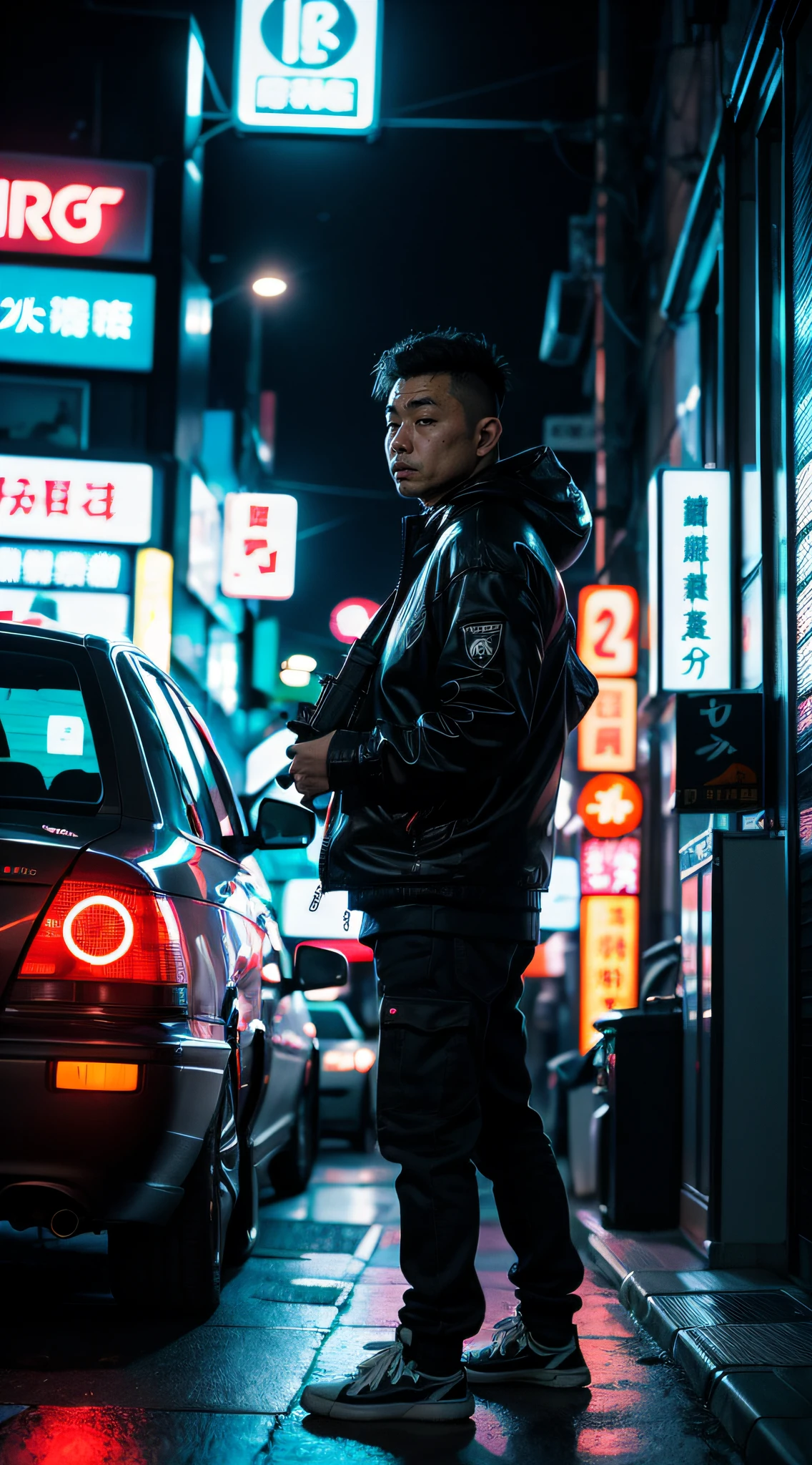 A photograph of a Japanese gang member in the night Tokyo street staying near the car, neon signs all-around, UZI SMG in the hands, dark, contrast, japan 80's colors, dark background, contrast, (cinematic light), (full frame DSLR Canon camera), 85mm macro, (f1.8), (ISO 1200)