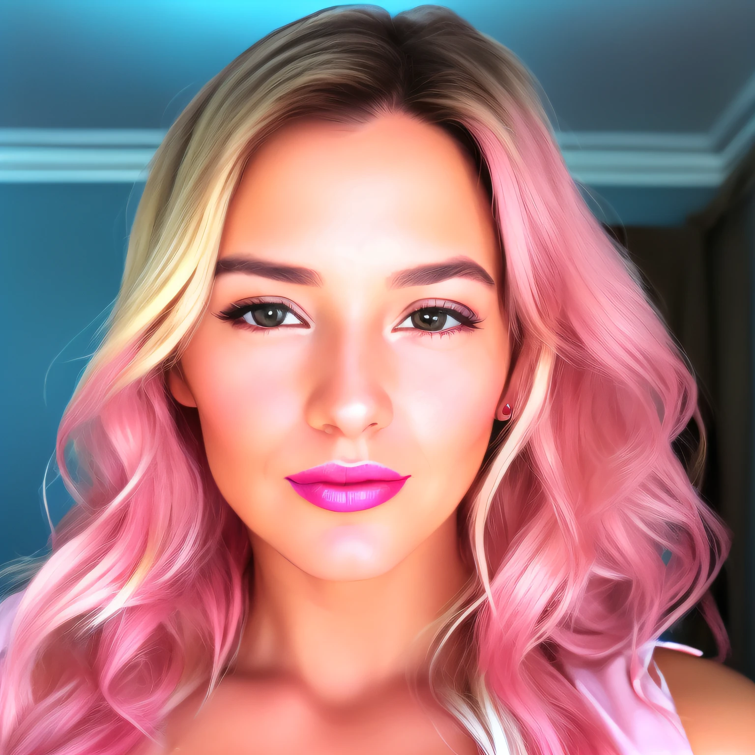 blond woman with pink lipstick and long wavy hair in a room, soft portrait shot 8 k, photorealistic beautiful face, hyperrealism artstyle, hyperrealistic beautiful face, 8k selfie photograph, full face close up portrait, portrait shot 8 k, hyper realistic color photo, makeup. unreal engine, maia sandu hyperrealistic, realistic beautiful face, highly realistic photo