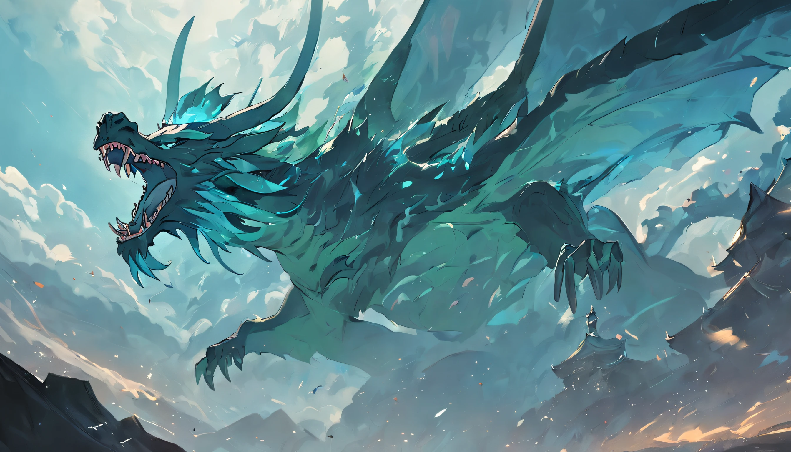Legendary artwork,Blue Dragon God,Dark green body,Elongated body:1.5,Hovering in the clouds,Looming,Overlooking the palace above ground in the air,Mountains and trees,epic art,official works