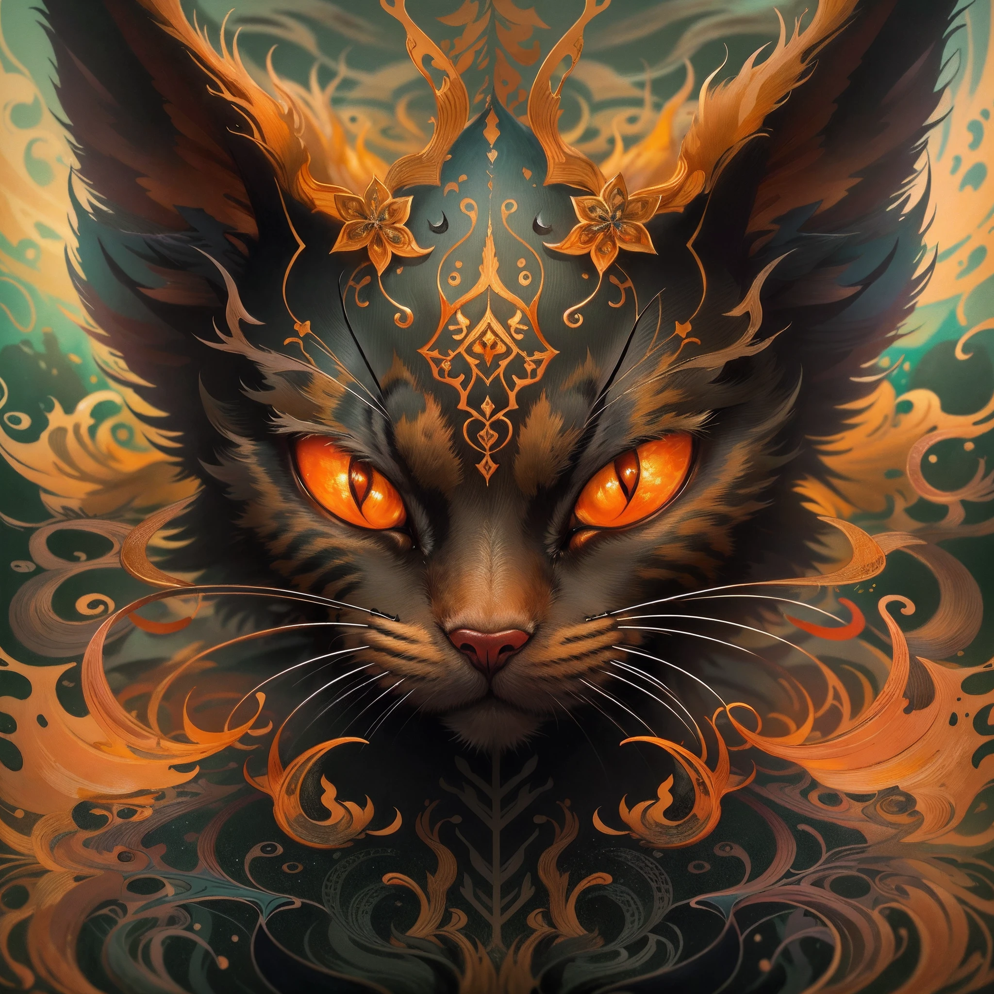 ((best quality)) , ((masterpiece)) , (detailed) , Layered Underwater (demon Cat:1.2) with Cashmere wings of Skill, concept art,Oil painting, Airbrush painting, Vector Art, intricate background, , at Golden hour, shallow depth of field, Overdetailed art, Terrorwave, Technicolor, symbolism, dark pastel and deep orange fractal art, octane engine, (art by Danny Roberts:1.2) , 8k resolution