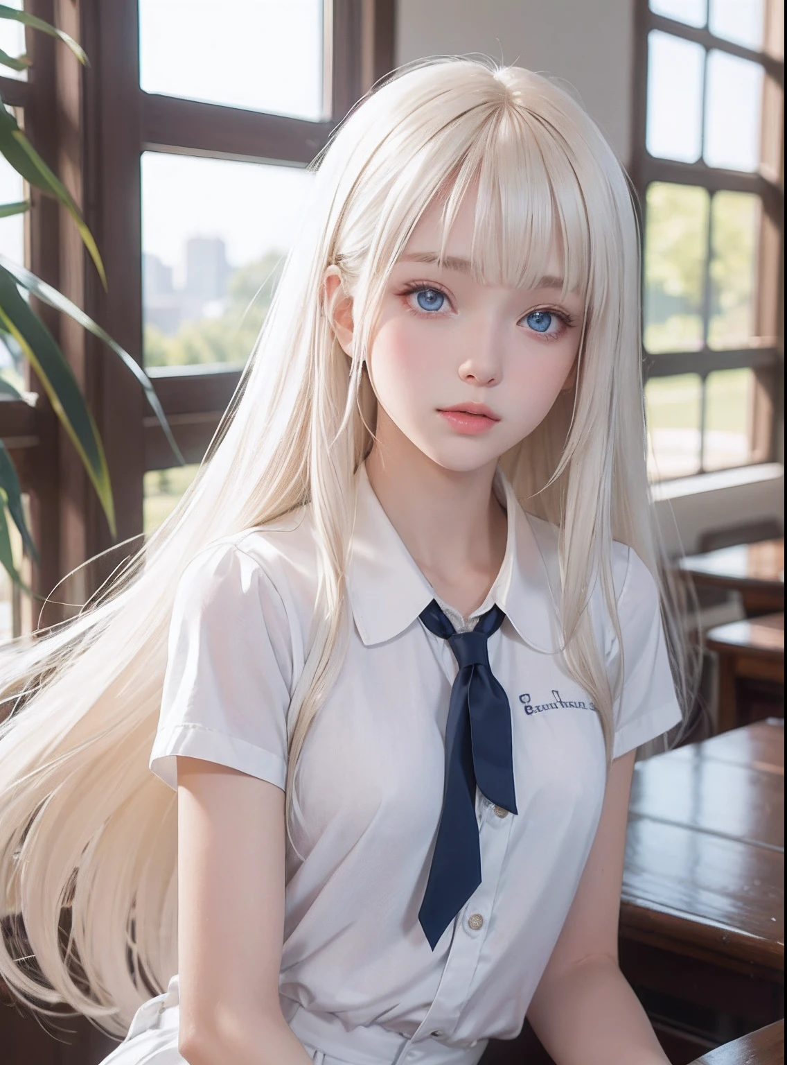 Authentic photo quality、Extraordinary beauty、Gentle and cheerful look、lustrous beautiful skin、White muscle、Sexy and refreshing perfect beautiful cute face、Glowing bangs、Super Long Platinum Blonde Straight Silky Hair、Very cute 18 year old beautiful girl、Big beautiful blue eyes、School Uniforms、