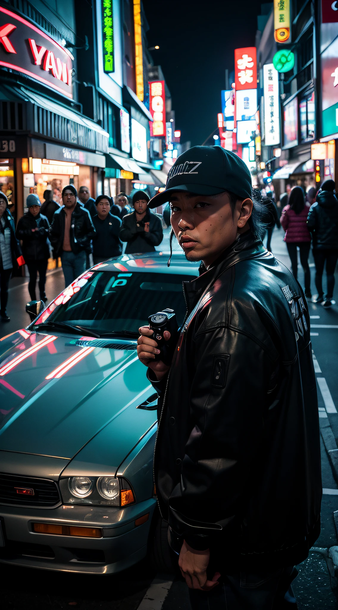 A photograph of a Japanese gang members in the night Tokyo street staying near the car, neon signs all-around, UZI SMG on the car hood, dark, contrast, japan 80's colors, dark background, contrast, (cinematic light), (full frame DSLR Canon camera), 85mm macro, (f1.8), (ISO 1200)