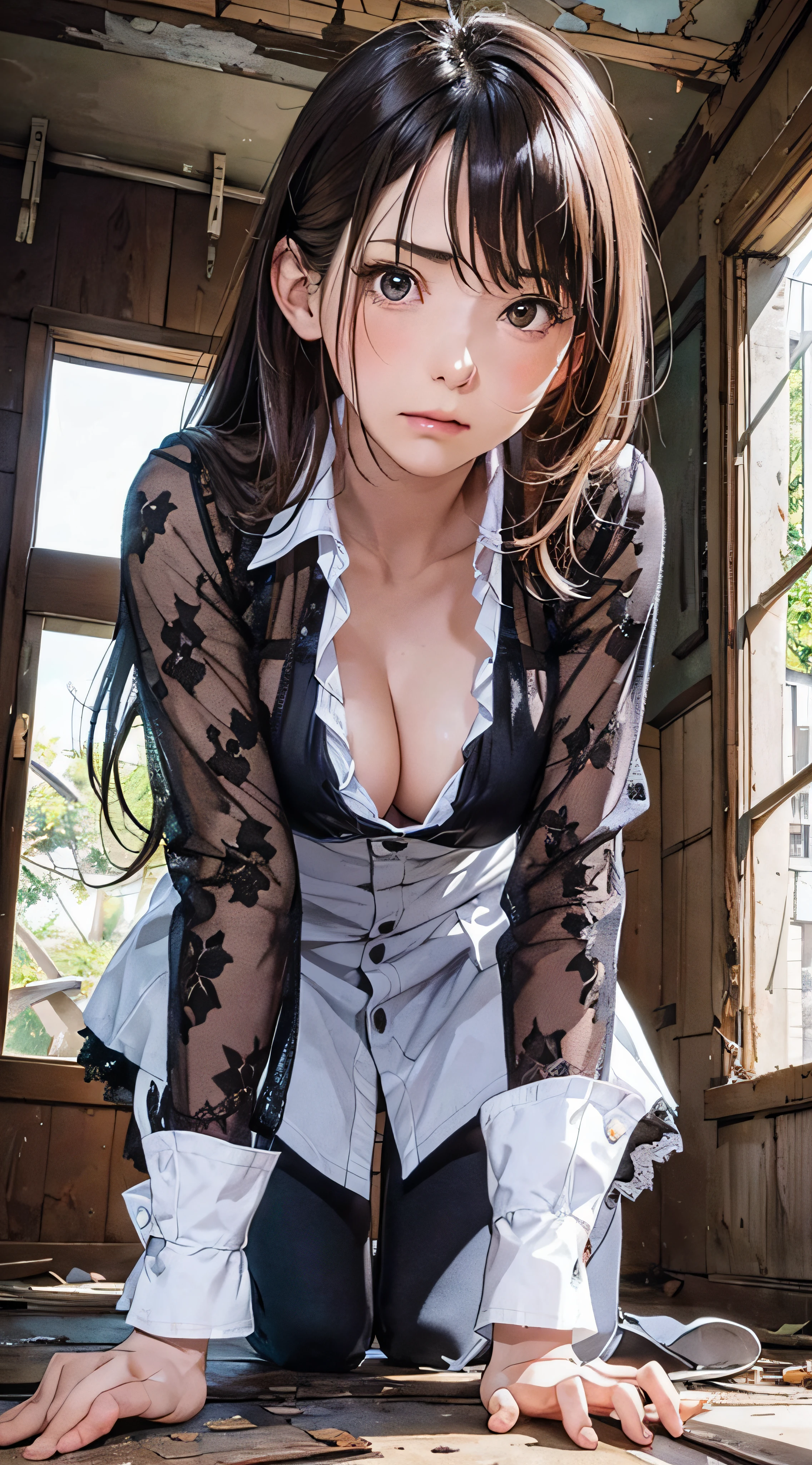 (1girl:1.3), cinematic light, (masterpiece, top quality, best quality, official art, beautiful and aesthetic:1.3), extreme detailed,highest detailed,(ultra-detailed),((an extremely delicate and beautiful)), ((Crouch down on dark night abandoned house)), from above, rainy, solo, breasts, silky long hair, (brown hair), Casual clothes, blue Lace inner, open breast, 26 years old, unsteady gaze, torn clothes, anxious, embarrassed, (looking up:1.4)