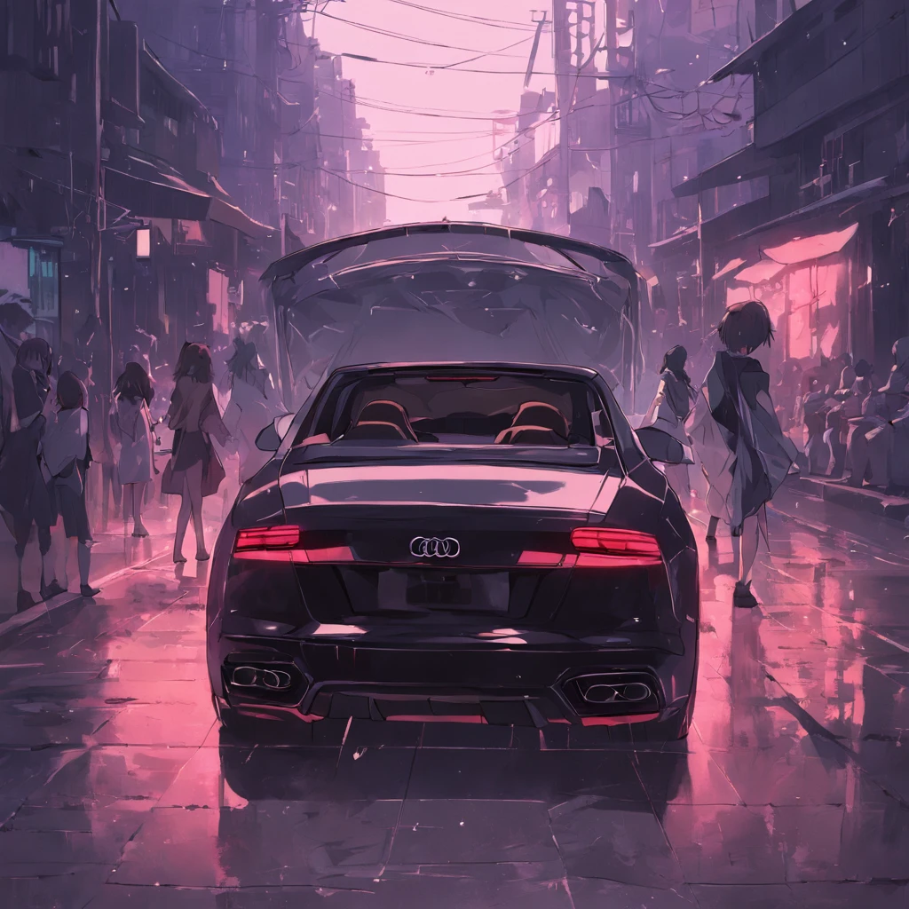 A real Audi,Black car,Back Shadow,On the street,pedestrians,Detailed pubic hair,Authentic background