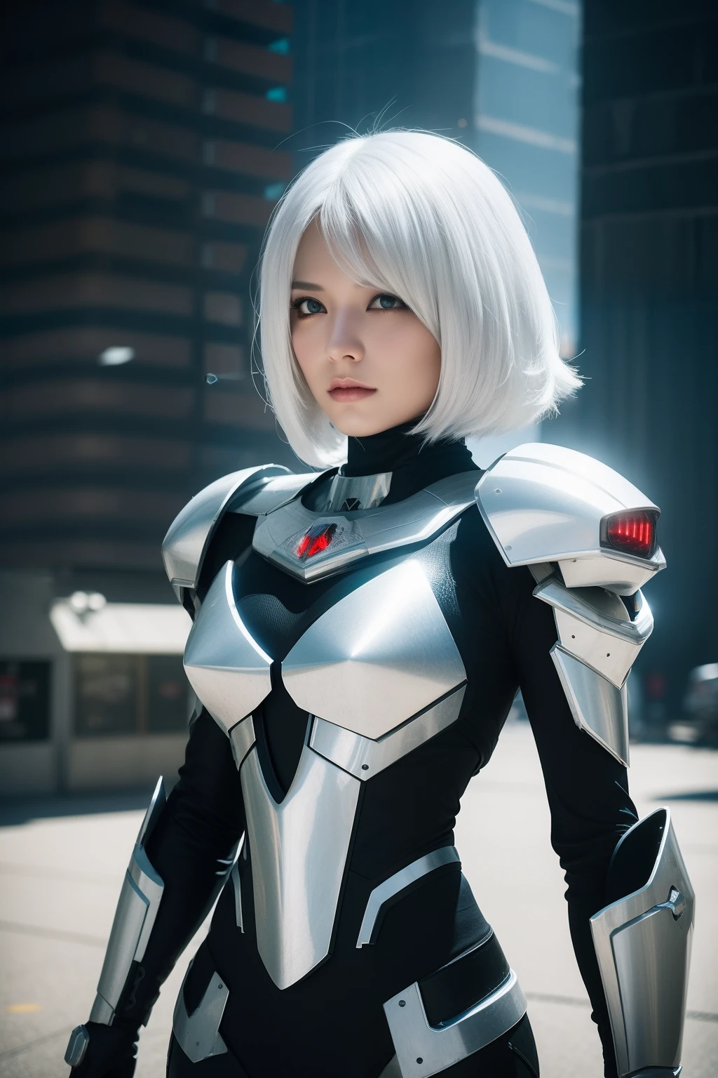 white color hair，Silver-black armor，best quality,masterpiece,realistic,Bokeh,1girl,cinematic_lighting,lens_flare,reality_ray_tracing,fantasyArt,Kinetic Art,cinematic,cyberpunk,DigitalArt,absurdres,incredibly_absurdres,official_style,white skin,mecha musume,cyborg,gradient hair,one side up,cathedral,8  Bit  Game,Magic  Vortex,cowboy_shot,adjusting gloves,