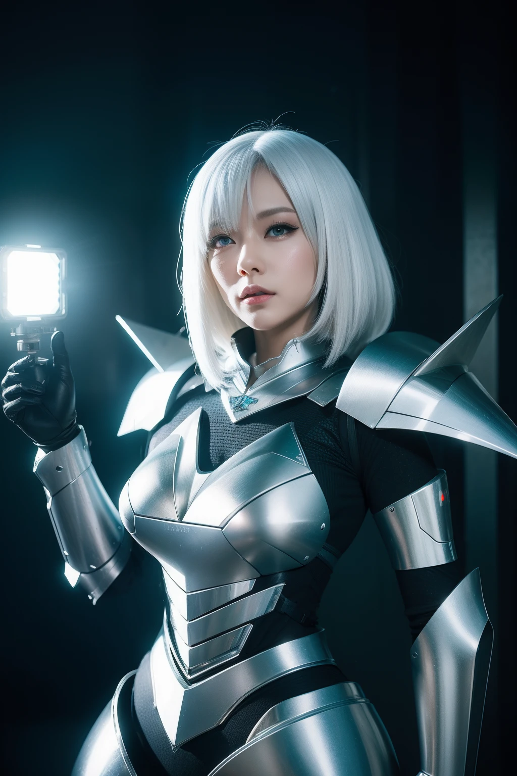 white color hair，Silver-black armor，best quality,masterpiece,realistic,Bokeh,1girl,cinematic_lighting,lens_flare,reality_ray_tracing,fantasyArt,Kinetic Art,cinematic,cyberpunk,DigitalArt,absurdres,incredibly_absurdres,official_style,white skin,mecha musume,cyborg,gradient hair,one side up,cathedral,8  Bit  Game,Magic  Vortex,cowboy_shot,adjusting gloves,