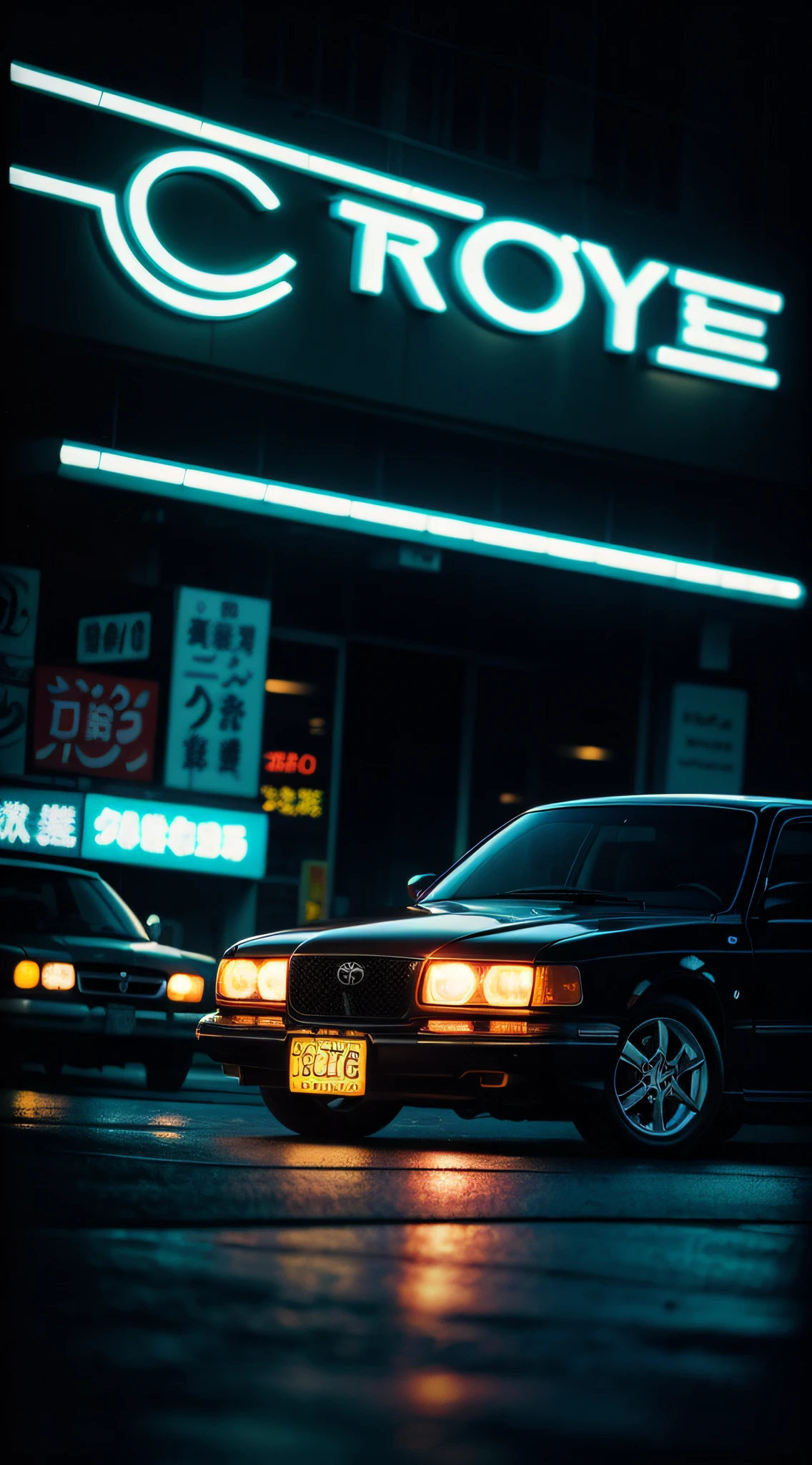 A photograph of a gang member's car in the night Tokyo street, (old Toyota Mark II), neon signs all-around, dark, contrast, japan 80's colors, dark background, contrast, (cinematic light), (full frame DSLR Canon camera), 85mm macro, (f1.8), (ISO 1200)