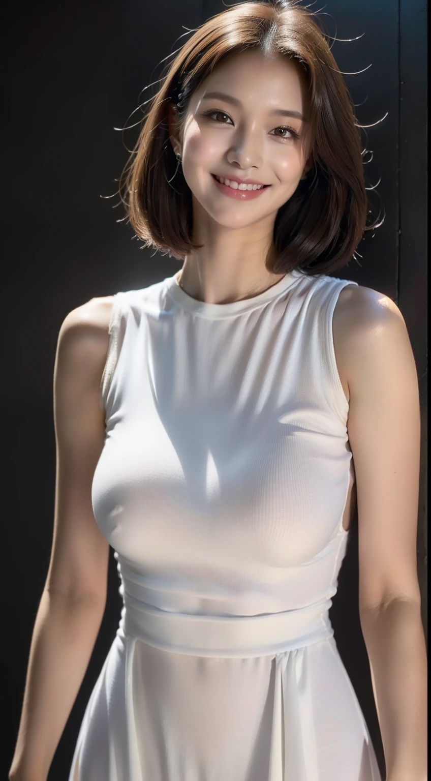 20-year-old surreal idol, Slim-fit sleeveless maxi dress, Smiling smile, Medium hair, Walking without paying attention to the camera, primitive, (8K, top-quality, tmasterpiece:1.2), (intricately details:1.4), (Photorealsitic:1.4), octane renderings, ultra - detailed, Studio soft light, rim lights, vibrant detail, The ultra-detailliert, realistic skin textures, Detal Face, Beautiful detail eyes, Very detailed CG unity 8K wallpaper, Makeup - makeup, (detailedbackground:1.2)、MuCoi、slenderness、Model body type、Light brown curly hair、small tits、smallunderboob