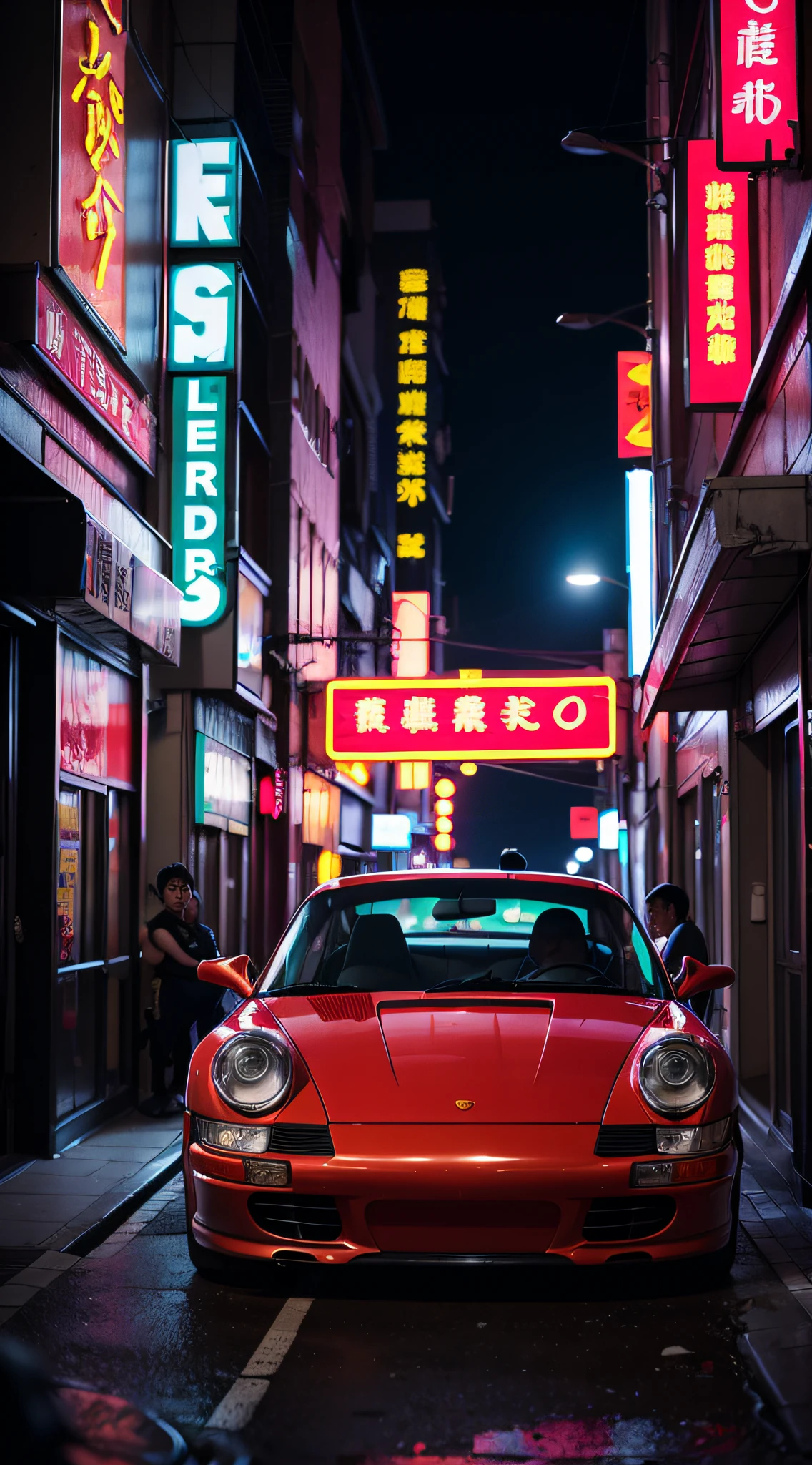 A photograph of a gang member's car in the night Tokyo street, (old porsche 911 Akira Nakai tuned), neon signs all-around, dark, contrast, japan 80's colors, dark background, contrast, (cinematic light), (full frame DSLR Canon camera), 85mm macro, (f1.8), (ISO 1200)