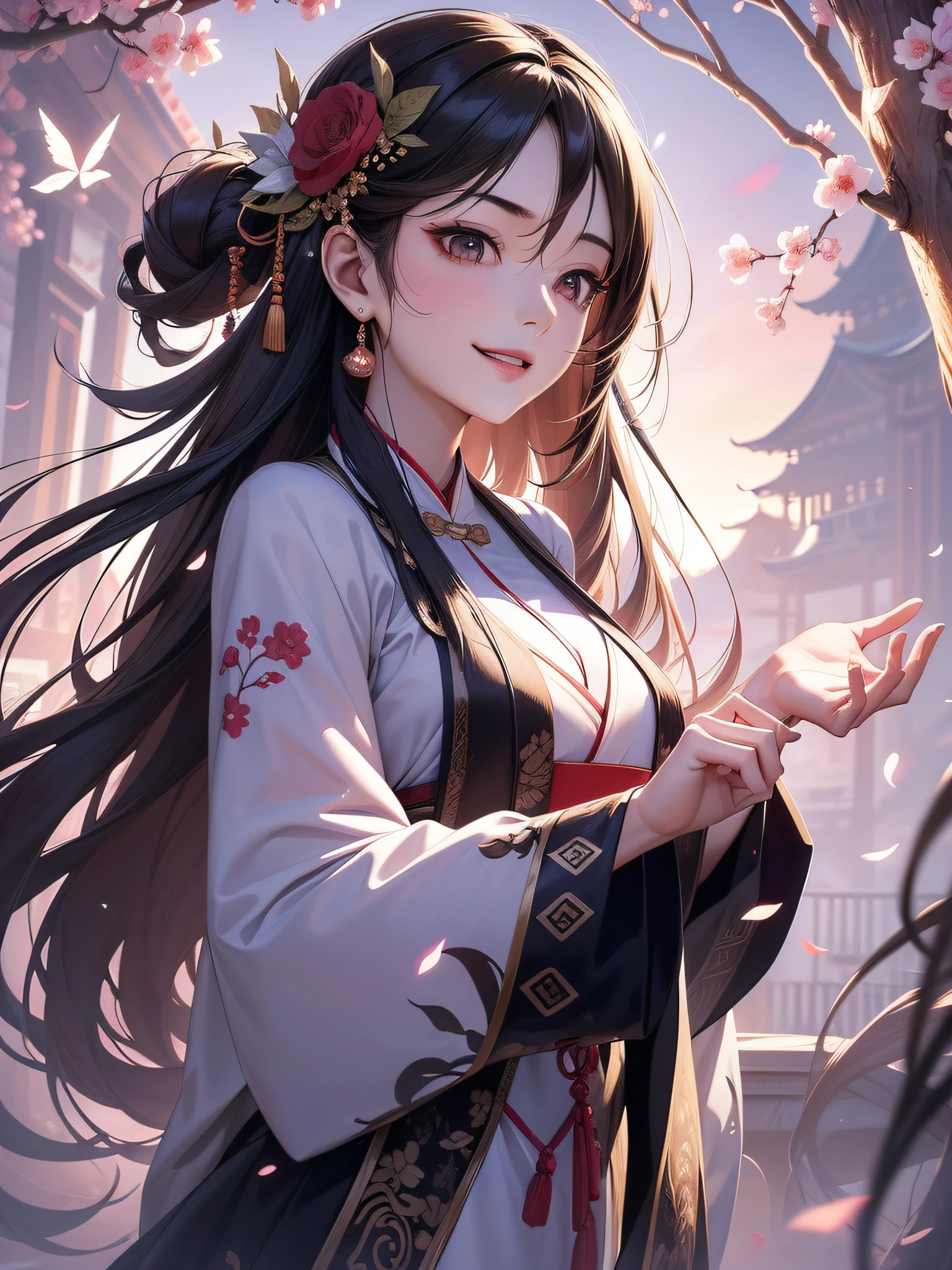 A Chinese woman who looks feminine and pampered,Movie Angle,( Charming shy girl,Anatomically correct,full bodyesbian,Masterpiece camellia,Representative works Hanfu,Smile),(illustration,paper art,a 3D render),(Extremely colorful, Best quality, high detal, Masterpiece, Cinematic lighting, 4K, Chiaroscuro),Ancient wind,Kizi,Ink fairy,delicated,Light brown eyes,cabelos preto e longos,Flowing hair,Wings,Extreme light and shadow,Hanfu,palaces,Light,8k wallpaper,Master painting,petals,lakes,bow and arrows,grin,Black eyes,full bodyesbian,Right location,Suitable for fingers
