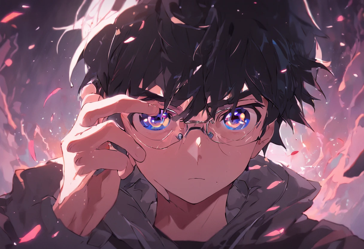 generate an image of a ager boy with black hair pushing his eyeglass close to his eyes with his hand, 4k, illustration.