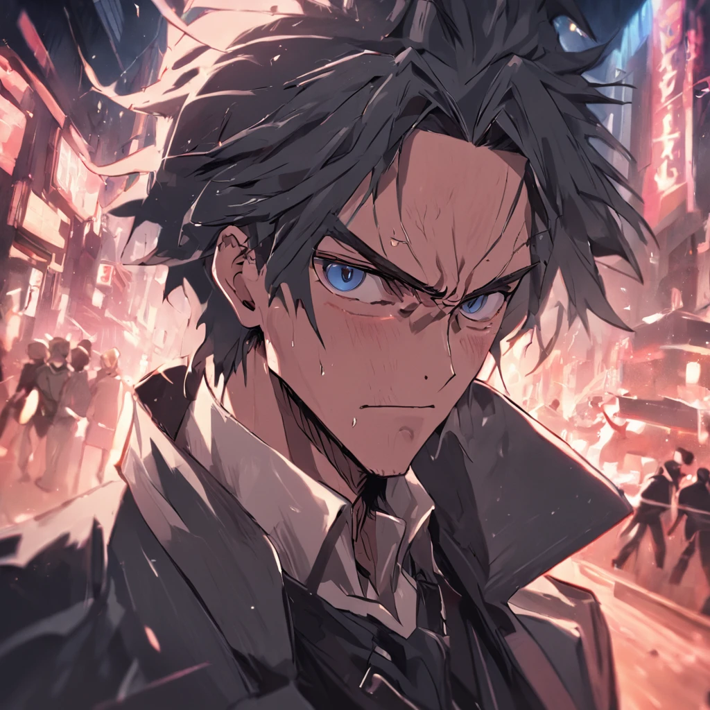 4K, hairy chest, ,middle aged man,Big back,Black and white hair,stubbles,wind coat,Business suit,,cigars,(Rage 2),Exaggerated expressions,two tone color hair,eye glass, Detailed face, Perfect face, Detailed background, On the street,Real street background,The contour is sharp