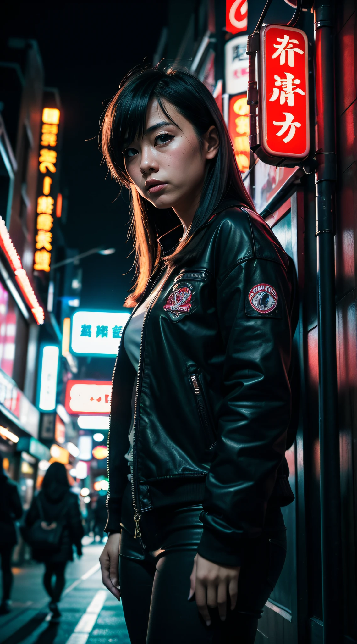 A photograph of a Japanese girl gang member in the night Tokyo street, neon signs all-around, dark, contrast, japan 80's colors, dark background, contrast, (cinematic light), (full frame DSLR Canon camera), 85mm macro, (f1.8), (ISO 1200)