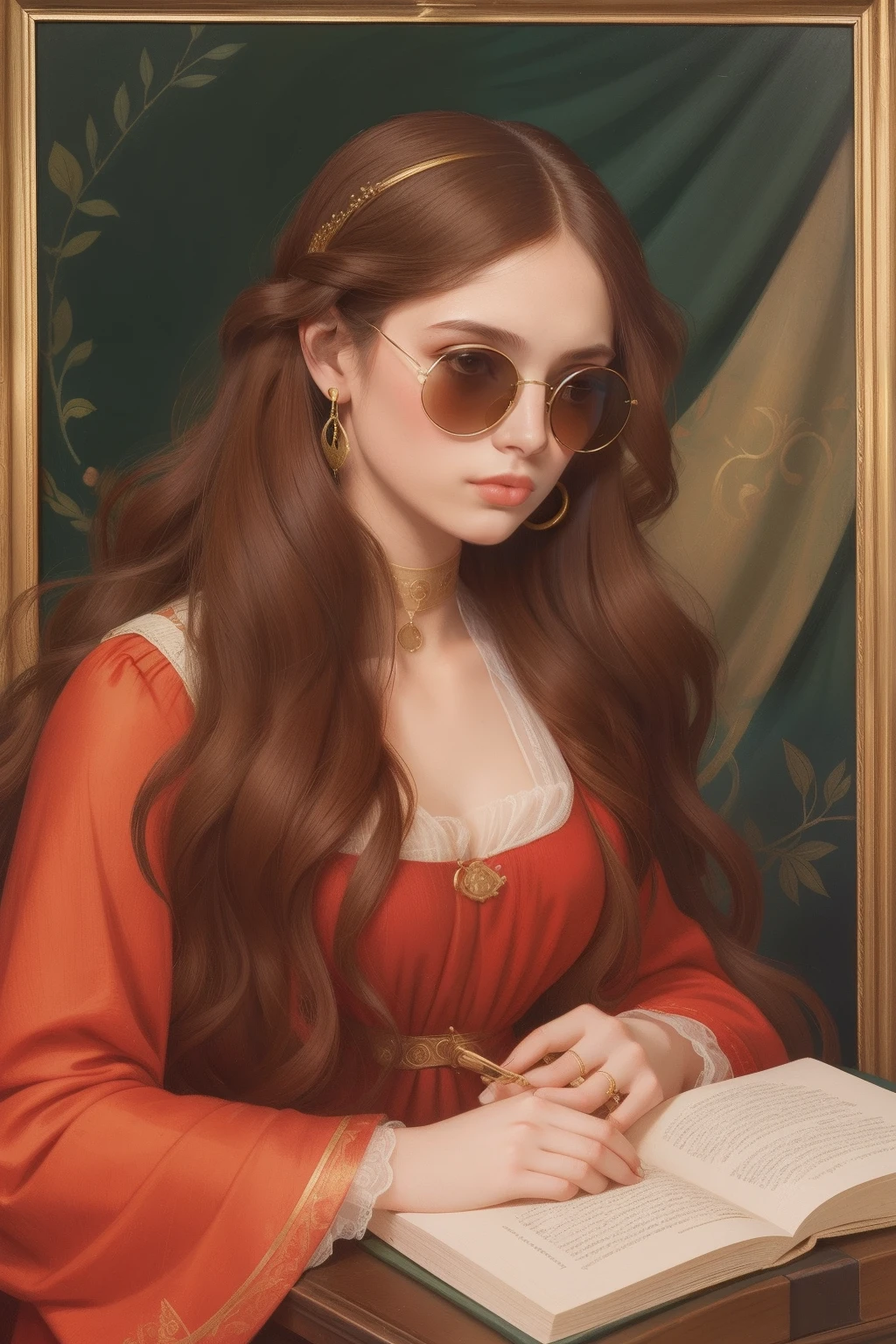 A contemporary portrait of a young woman with long, flowing hair, adorned with a fashionable outfit, sunglasses, and wireless earbuds, capturing the romantic and detailed style of Dante Gabriel Rossetti.