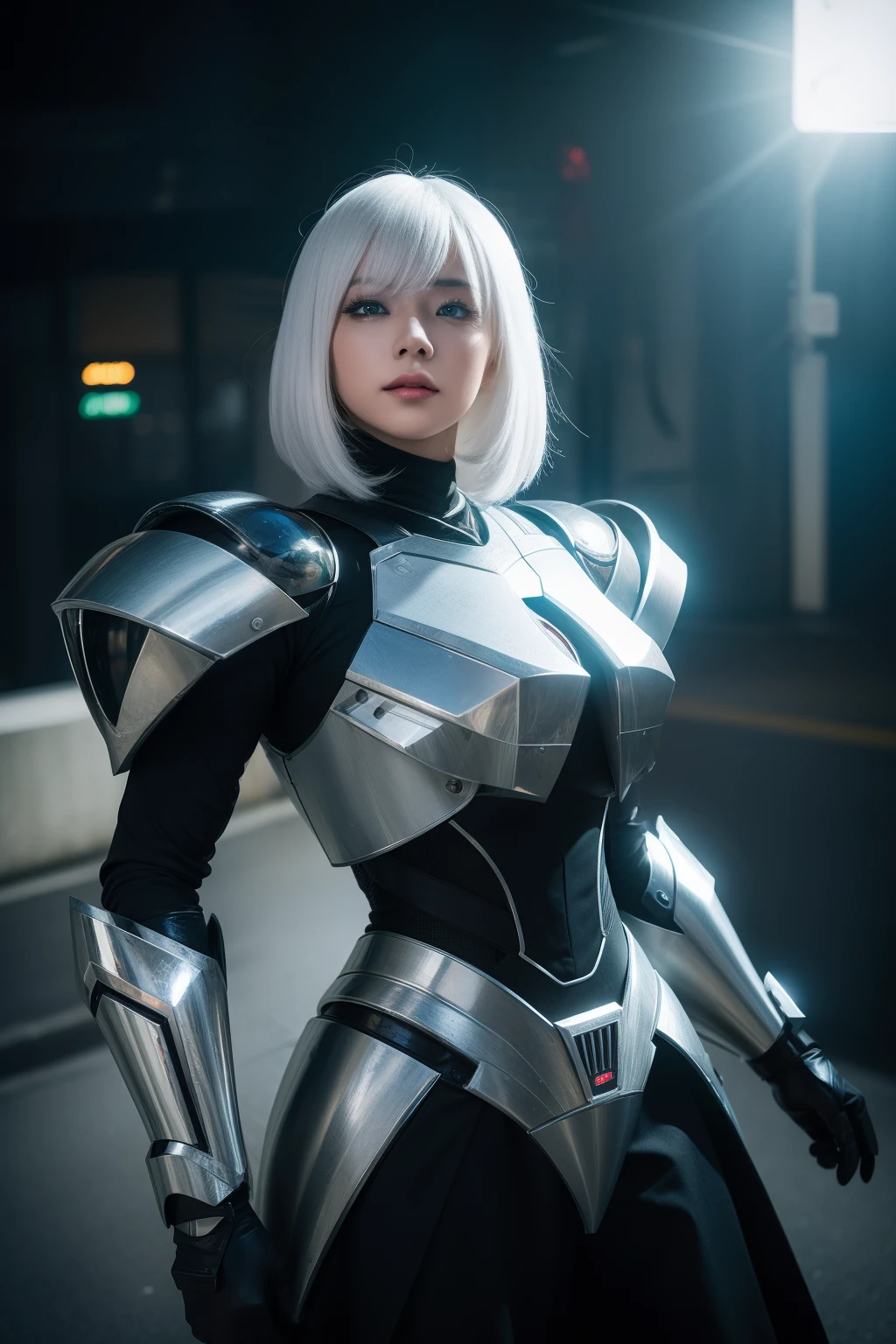 white color hair,Silver-black armor,best quality,masterpiece,realistic,Bokeh,1girl,cinematic_lighting,lens_flare,reality_ray_tracing,fantasyArt,Kinetic Art,cinematic,cyberpunk,DigitalArt,absurdres,incredibly_absurdres,official_style,white skin,mecha musume,cyborg,gradient hair,one side up,cathedral,8 Bit Game,Magic Vortex,cowboy_shot,adjusting gloves,