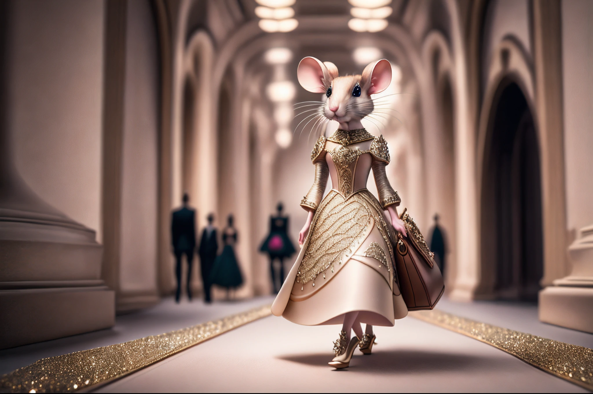 RAW photo, best, masterpiece, best quality, high quality, extremely detailed, a very feminine rat in a couture dress, high heels and a high-end bag, walking down a fashion runway, hyper-realistic detailed representation, elegant pose , professional lighting, intricate details