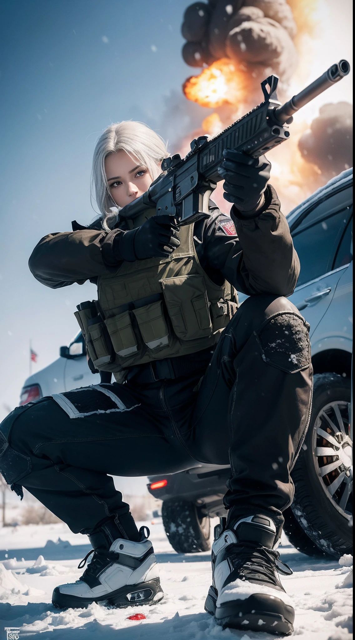 ((best quality)), (masterpiece), photorealistic, photorealism, 1girl full body, aiming with an assault rifle, another girl squatting behind, Combat pose, explosion background, Photorealistic, high resolution, Snow,  car explosion background, looking to the camera, (Detailed face), White hair, SWAT vests, Gun, jewelry, black gloves, Fingers are occluded