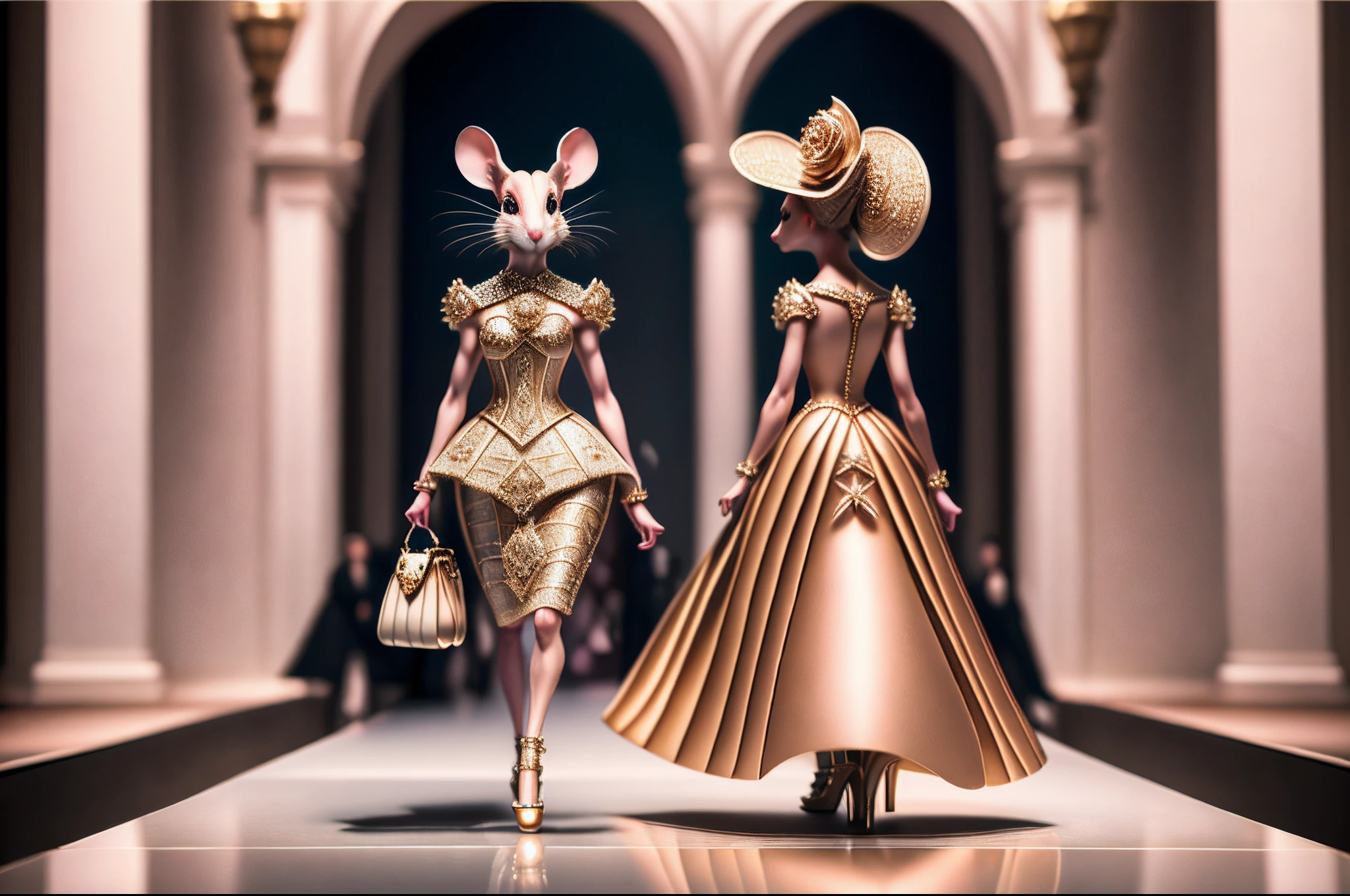 RAW photo, best, masterpiece, best quality, high quality, extremely detailed, a very feminine rat in a couture dress, high heels and a high-end bag, walking down a fashion runway, hyper-realistic detailed representation, elegant pose , professional lighting, intricate details