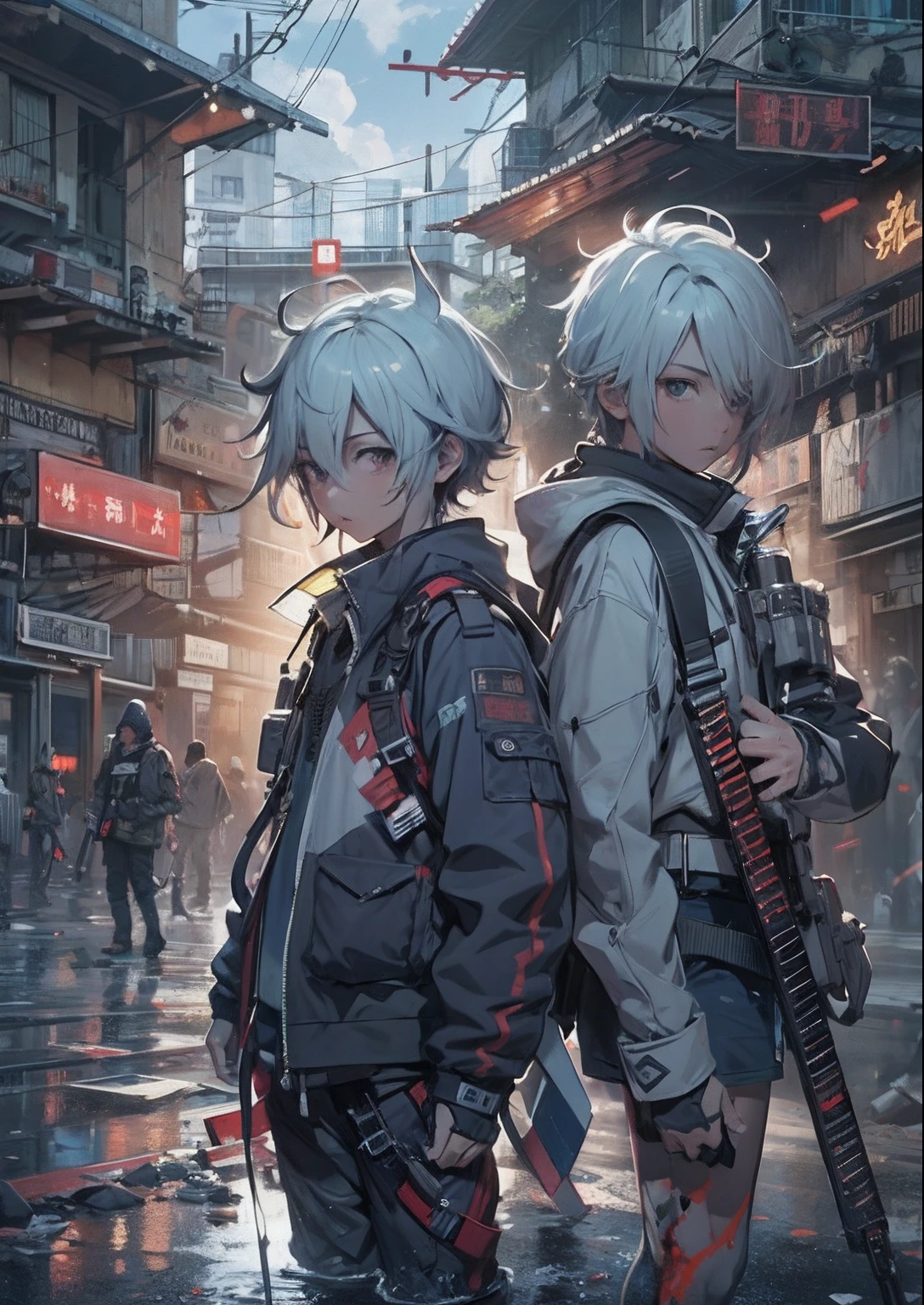 2boys,a 13 yo boy、twins,Cyberpunk Boy、katanas,machine gun、silber hair、Spiky hairstyle、Whole body bloody、The beginning of the adventure、Lots of clouds,beautiful fog,Chaotic city of the future、ruined and devastated city、dystopian、A very complex group of Chinese buildings stands in the center、Highly complex Chinese buildings、Beautiful lights、Dim lighting、puddles、Chaotic landscape、Beautiful and fantastic scenery、Cinematic scenery、hightquality、masutepiece,8K、hight resolution、ultra-detailliert,