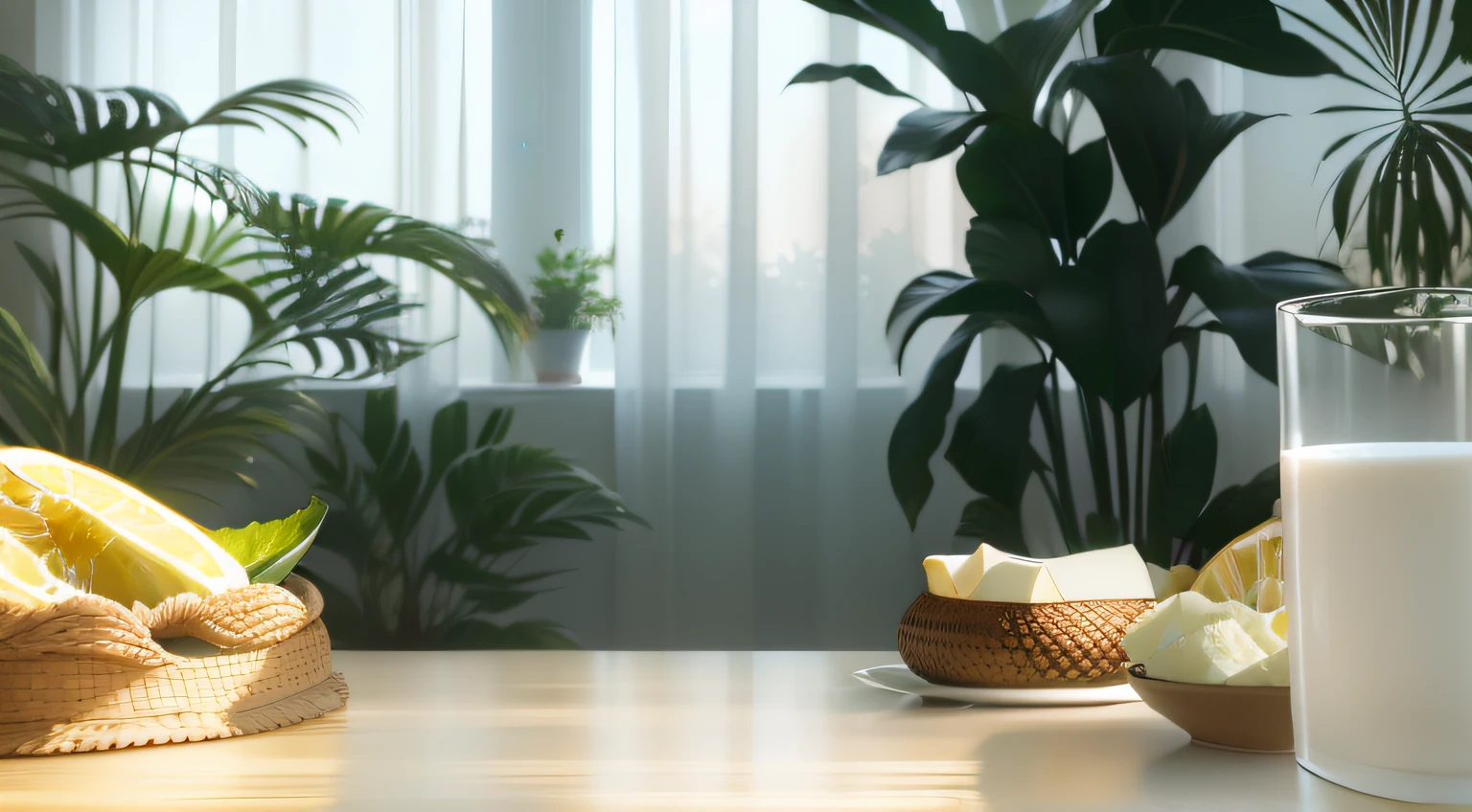 There was a glass of milk and a plate of fruit on the table, with backdrop of natural light, Realistic afternoon lighting, Detailed natural lighting, Relaxing environment, natural realistic render, quiet and serene atmosphere, interior scenes, relaxing atmosphere, natural window lighting, gentle ambient lighting, detailed cinematic rendering, animation style render, blurred environment background, photorealistic cinematic render