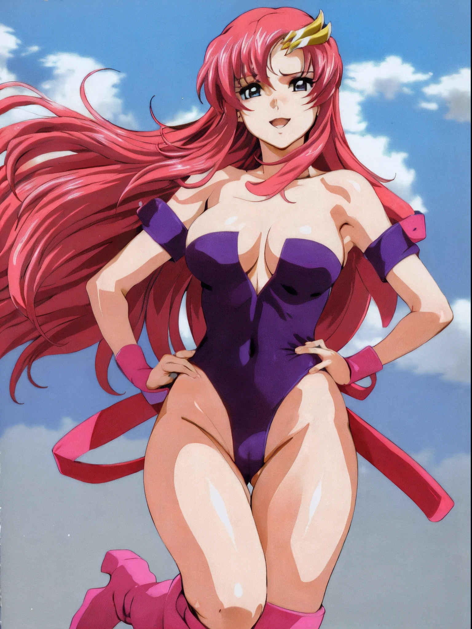 (masterpiece, 4K, Best Quality, Anime style: 1.9, bold drawing lines, High color saturation, Detailed face, tall, Adult Woman, lovely, (cloud background), Drawing lines, high resolution, Anime, lacus4), 1girl in, Solo, curvy figure, Long hair, 鎖骨, scapular, Wavy Hair, Detailed wide hair bangs, Hair Ornament, Detailed reddish-pink hair, cleavage, large hands, Big blue eyes, closed mouth, (cute Smile), ((closed fists)), (laughing, open mouth), ((medium breasts)), ((pink strapless wrestling leotard only, one piece wrestling attire), (wrestling long boots), bare thighs, groin lines, strong arms, biceps, rib lines, ((lean forward)), legs, laying, (hands on hips), happy, bare shoulders, (navel), pink elbow pads, (bare stomach)