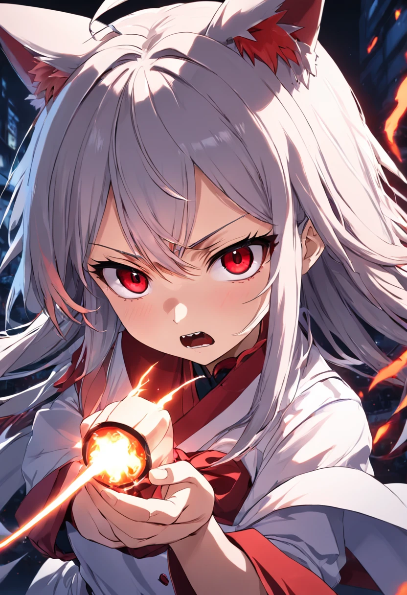 angry, loli, foxgirl, intense eyes, red eyes, looking at the viewer, holding a knife