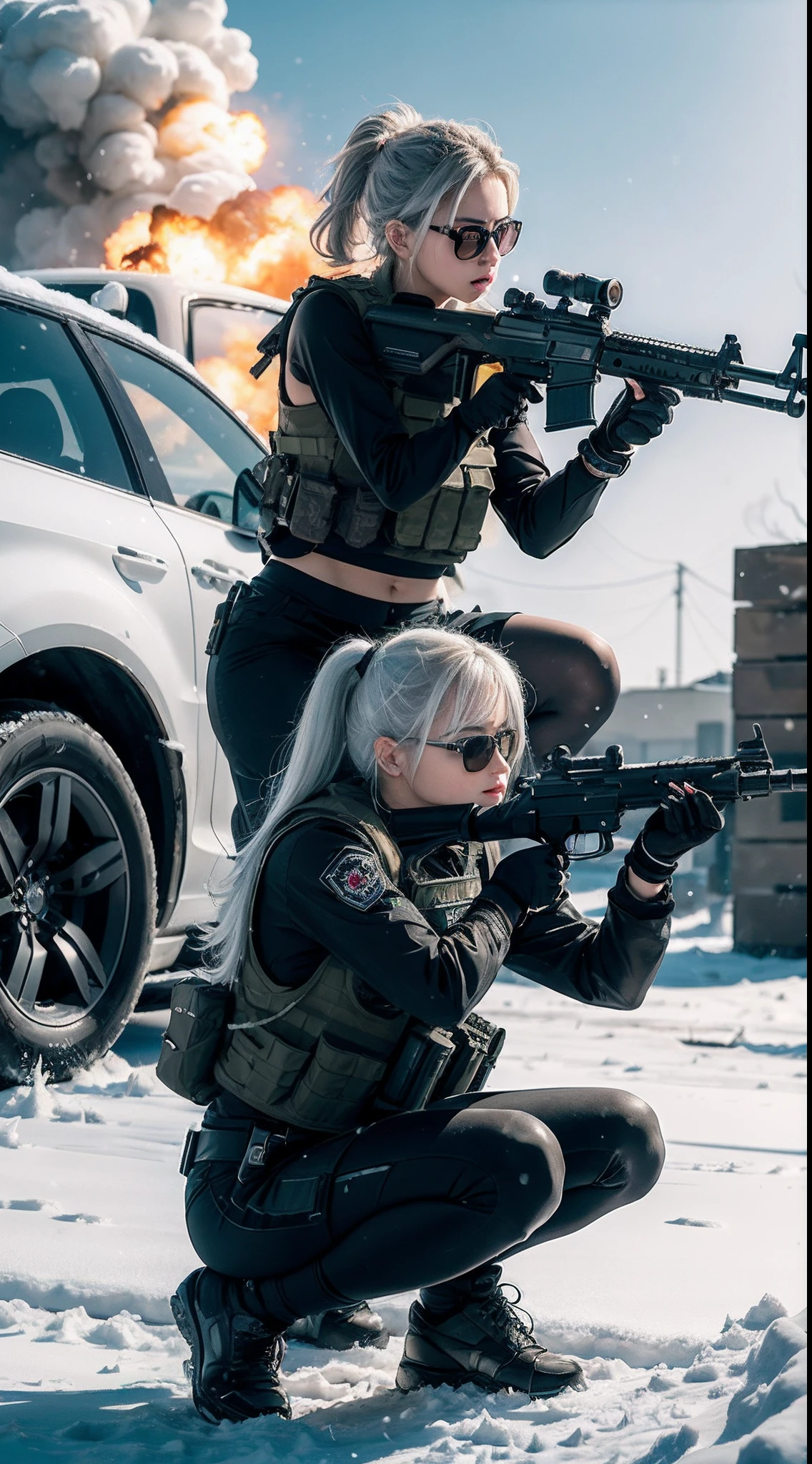 ((best quality)), (masterpiece), photorealistic, photorealism, 1girl full body, aiming with an assault rifle, another girl squatting behind, Combat pose, explosion background, Photorealistic, high resolution, Snow,  car explosion background, (Detailed face), White hair, SWAT vests, Gun, jewelry, sunglasse, black gloves, Fingers are occluded