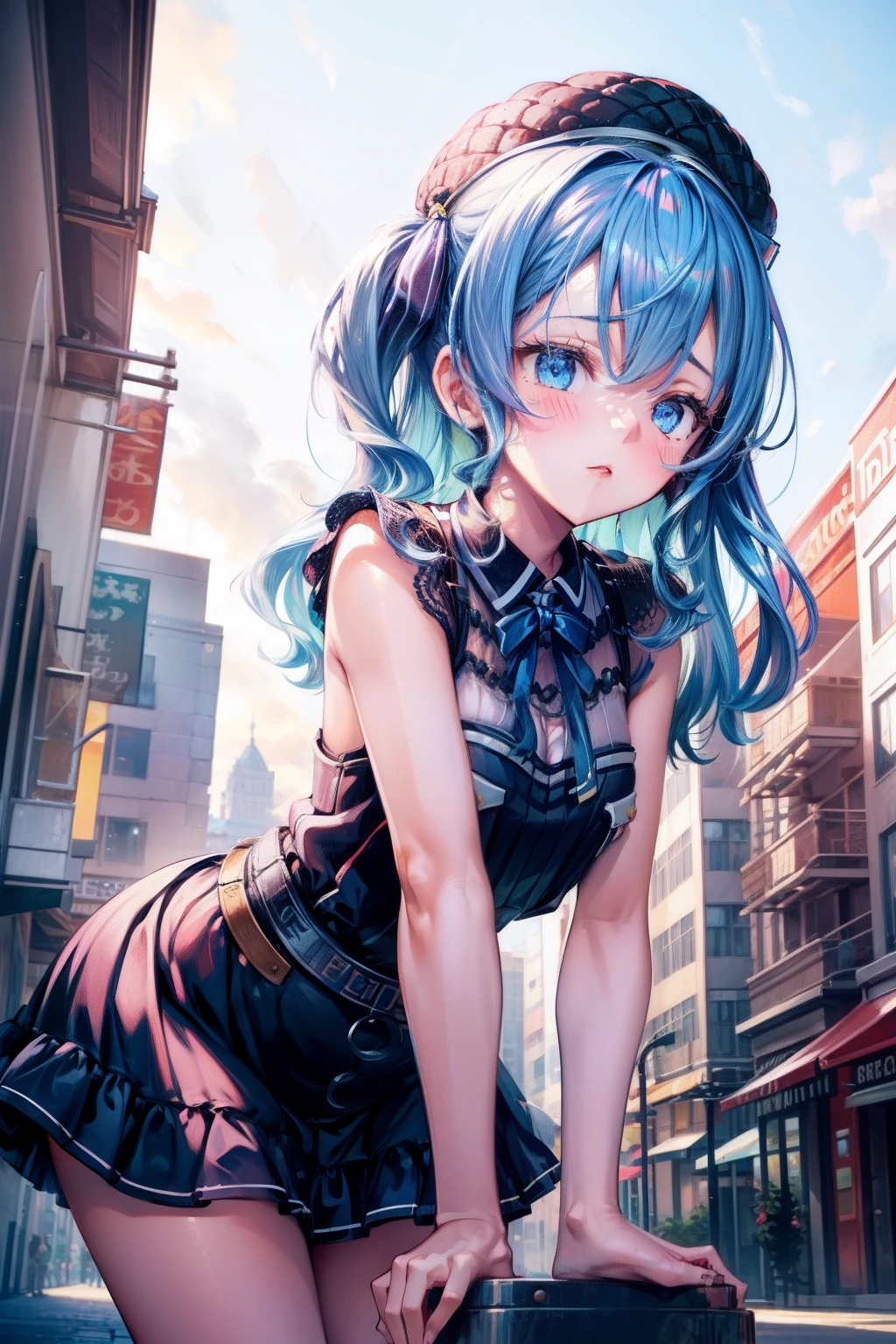 ultra detailed, 1girl, small breasts, blush, street, straight-on, leaning forward, blush, cleavage, bare shoulders, from below, sideways, masterpiece, best quality