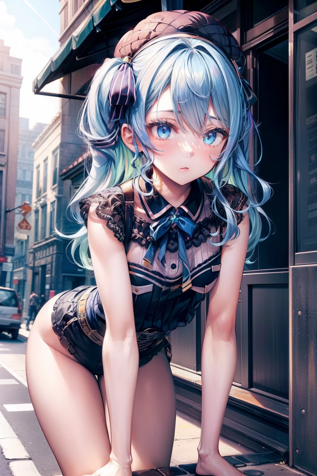 ultra detailed, 1girl, small breasts, blush, street, straight-on, leaning forward, blush, cleavage, bare shoulders, from below, sideways, masterpiece, best quality