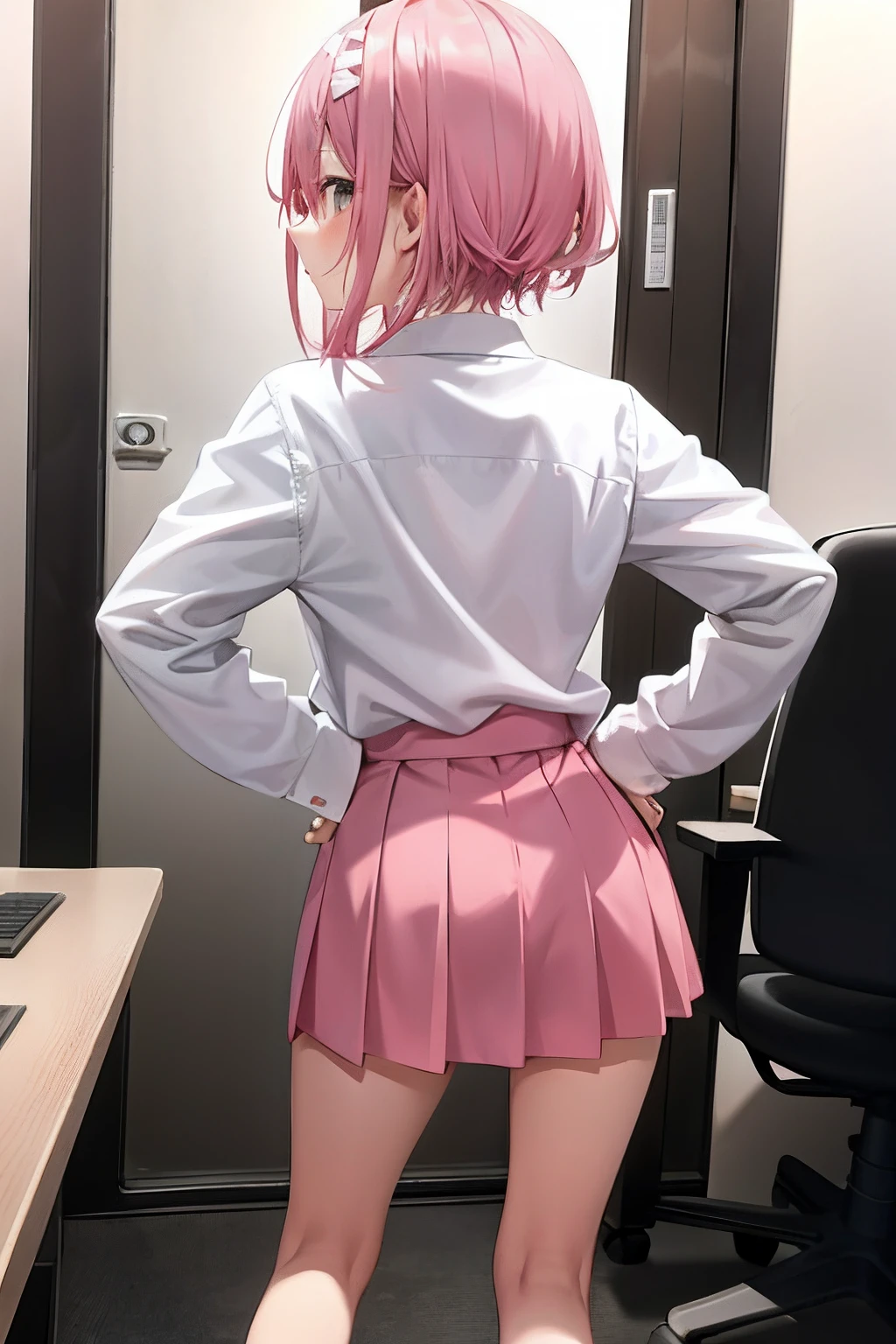 Cute pink hair、femele、(((Hands folded behind your back)))、A sexy、Big sister、s Office、Look away、embarrassed from、Blushing、Keep your mouth shut、Mini skirt