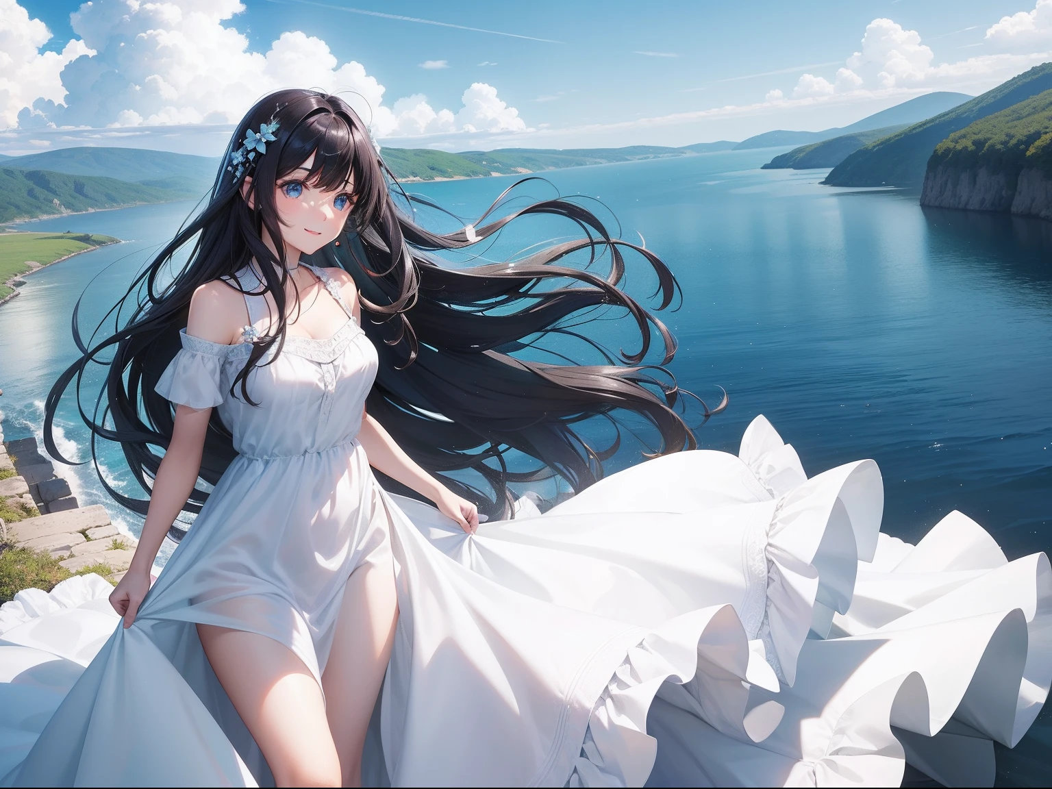Pretty girl Dark hair Long a smile Hair swaying in the wind Cosmos as far as the eye can see Long dress in white with frills blue-sky