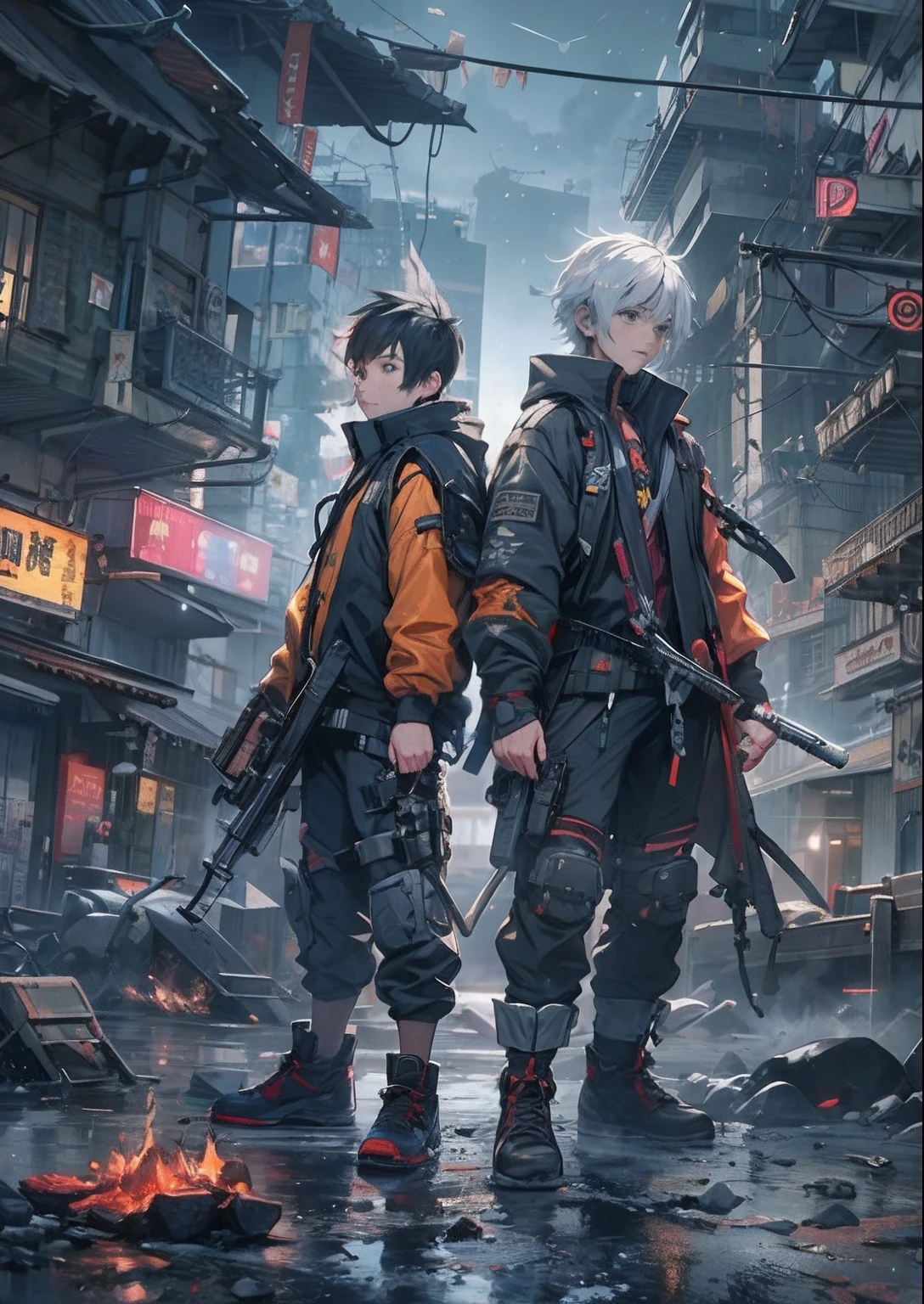 2boys,a 13 yo boy、twins,Cyberpunk Boy、katanas,machine gun、silber hair、Spiky hairstyle、Whole body bloody、The beginning of the adventure、Lots of clouds,beautiful fog,Chaotic city of the future、ruined and devastated city、dystopian、A very complex group of Chinese buildings stands in the center、Highly complex Chinese buildings、Beautiful lights、Dim lighting、puddles、Chaotic landscape、Beautiful and fantastic scenery、Cinematic scenery、hightquality、masutepiece,8K、hight resolution、ultra-detailliert,