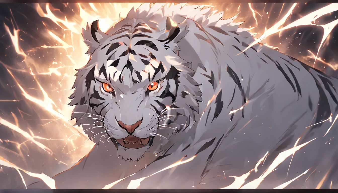 legendary masterpiece,the fantacy imagine of white Tiger,golden bright eyes,vicious and fierce thunder bolt,step upon the rock which cracked by Its strength,silver and white light luminated the dark heavy night,
