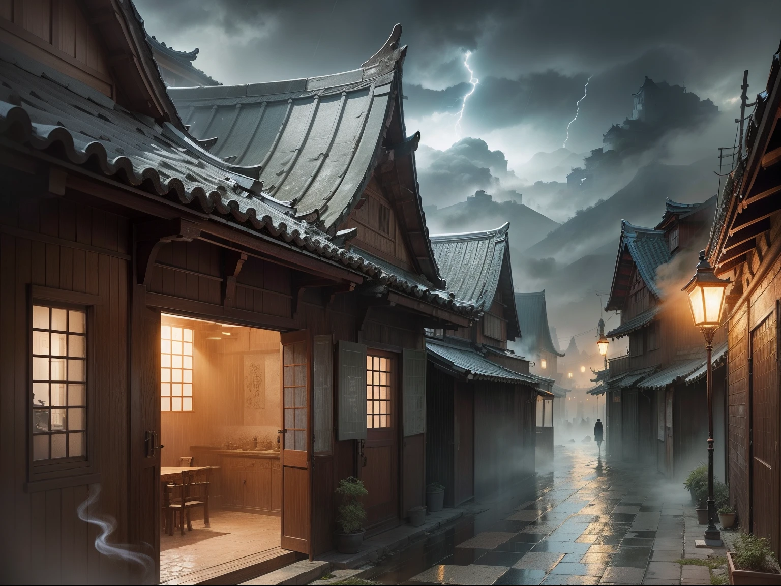 Ink-colored ancient tile house，Smoke and rain Gangnam，A warrior in a cloak，Lonely stone streets，Stone，Willows flying，Thunderstorm masterpiece