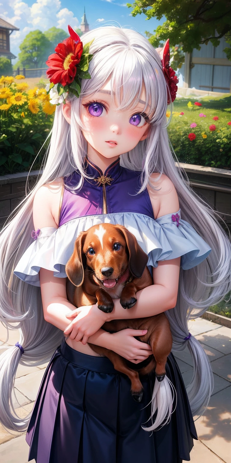 Miniature dachshund、One horse、realisticlying、女の子 1 人、embrace、white  hair、Purple eyes、radiant eyes、croptop、skirt by the、Parted lips、red blush、natta、florals、suns、sunlights、high-level image quality