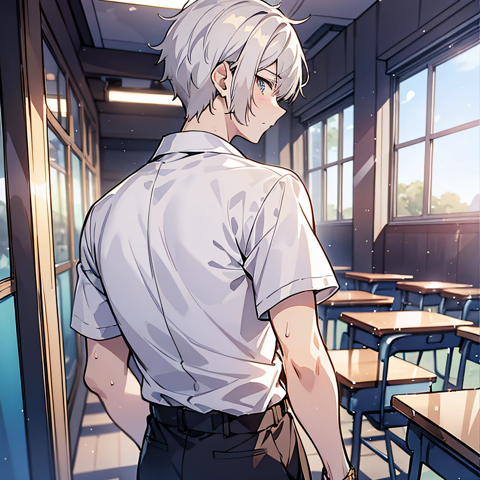 Around 18 years old, young anime man，short white hair 1.5，In a white blouse shirt，Stand with your back to the camera at the door of the classroom（Back 1.5）（Frown 1.5）（Sweat 1.5）（The background is in a classroom at school：1.5），Anime style 4K，Anime rendering，style of anime，8K fineness，（Upper body display：1.5）（Cinematic lighting：1.5）（Handsome anime boy 1.5）