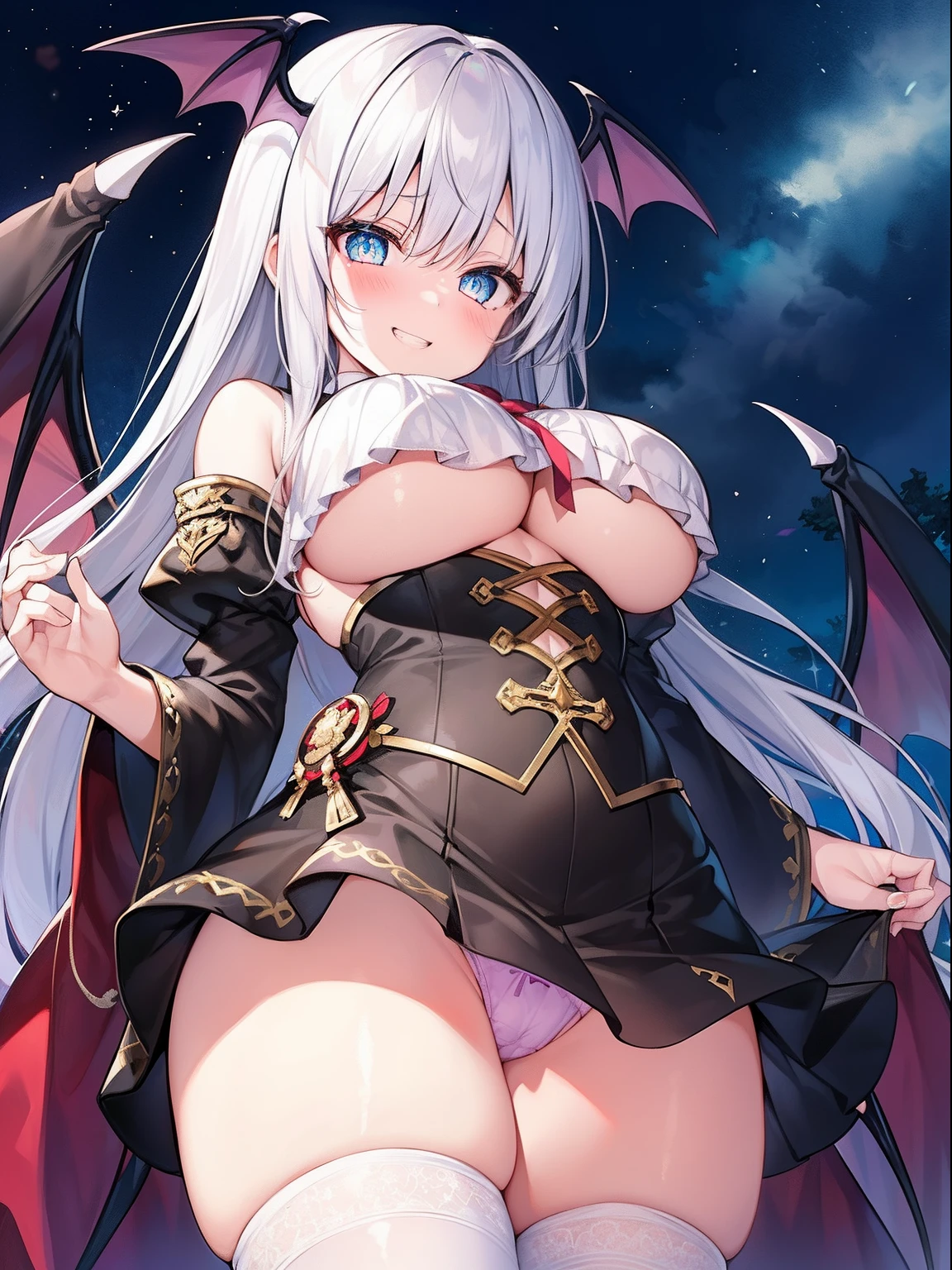 (1girl in:1.2), (Solo:1.2), masutepiece, nffsw、Shaders、Brilliant Textured Work、Ultra-detailed eyes、ultra-intricate pupil in eyes、top-quality、White hair、Evil Fall、Adults、Mature、Slender body、Standing picture、magical 、long hair that grows to the shoulders、voluminous hair、Clothes only in black and white、Large ribbon、very large breast、Wide sleeves、starrysky、Wicked grin、white glove、Tiered mini skirt、Absolute area、white stockings、Magical Girl Boots、Cross pattern、Large cross pattern、Dynamic Poses、Bat Wings、mesugaki、Succubus Accessories、Succubus body、Cheeky face、Tall、Succubus tail、underboob、from below、pantie shot、Nuke、