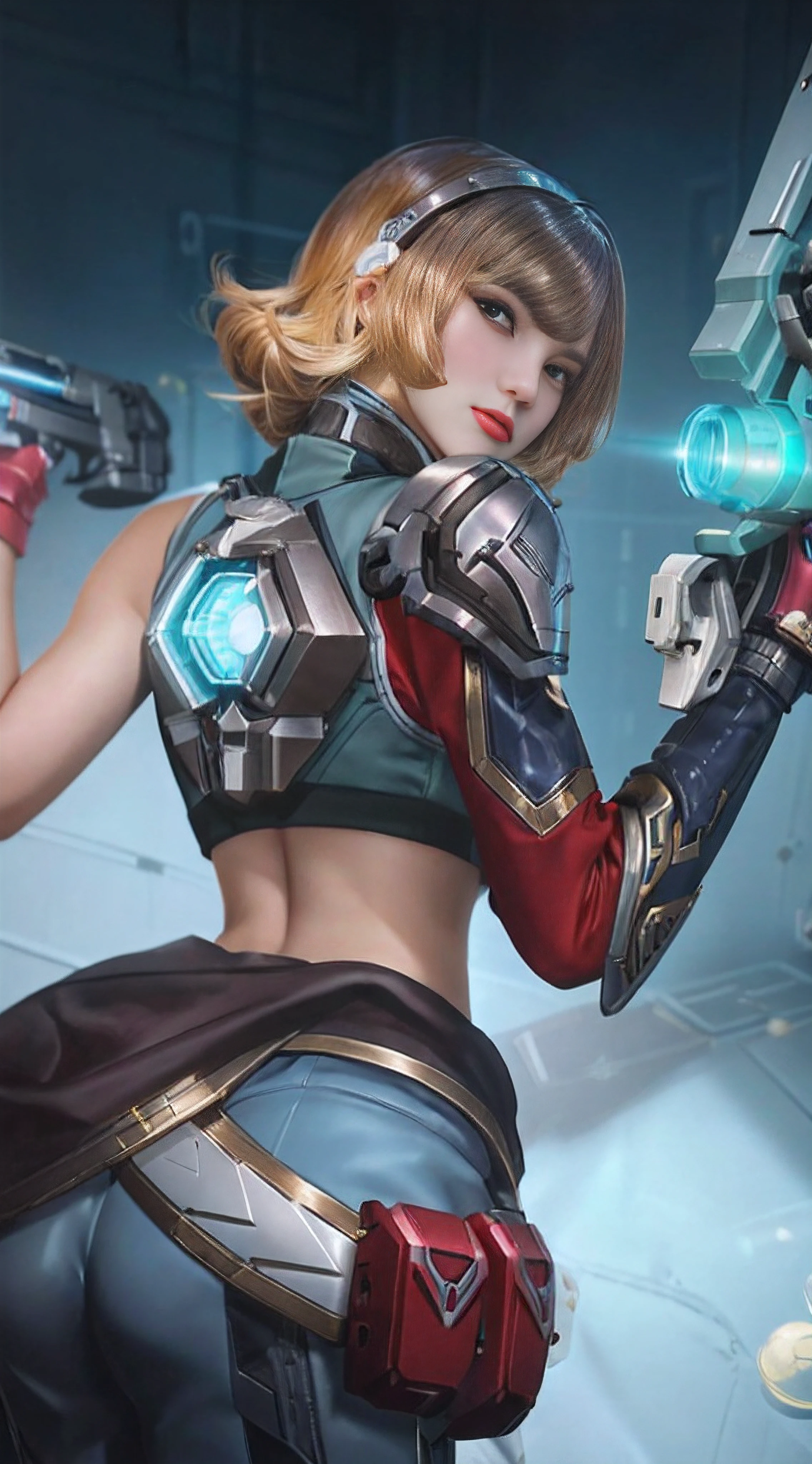 a close up of a woman holding a gun in a room, orianna, kda, ultra detail, mechanized valkyrie girl, beauty small face, realistic face, realistic body, left hand on the pocket